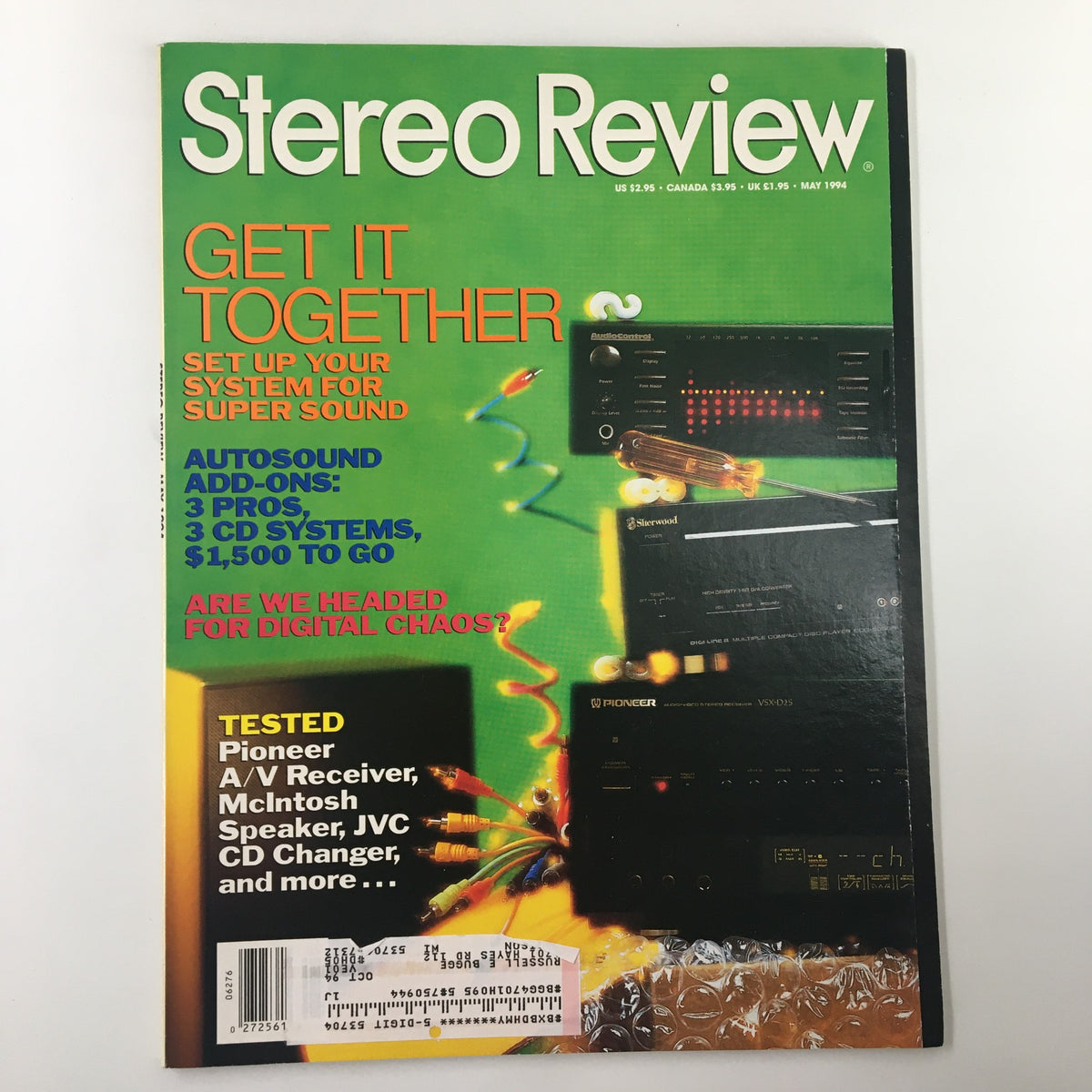 Cover of Stereo Review Magazine May 1994 featuring the title 'Get It Together - Set Up Your System for Super Sound'. The magazine displays vibrant colors with audio equipment images and articles on optimizing sound systems.