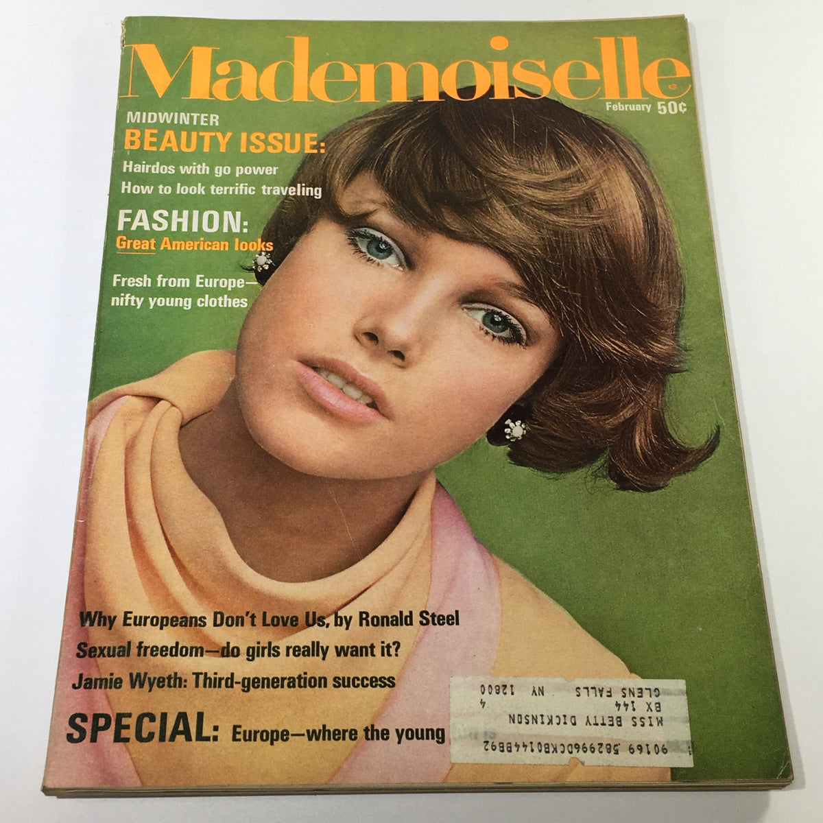 VTG Mademoiselle Magazine Cover February 1968 showcasing a beautiful model with stylish hair and makeup, featuring the headlines 'Midwinter Beauty Issue' and 'Fashion: Great American looks'.