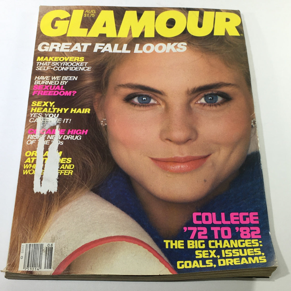 VTG Glamour Magazine August 1982 cover featuring Kim Alexis, showcasing great fall looks and articles related to beauty, makeovers, and cultural insights of the early '80s.