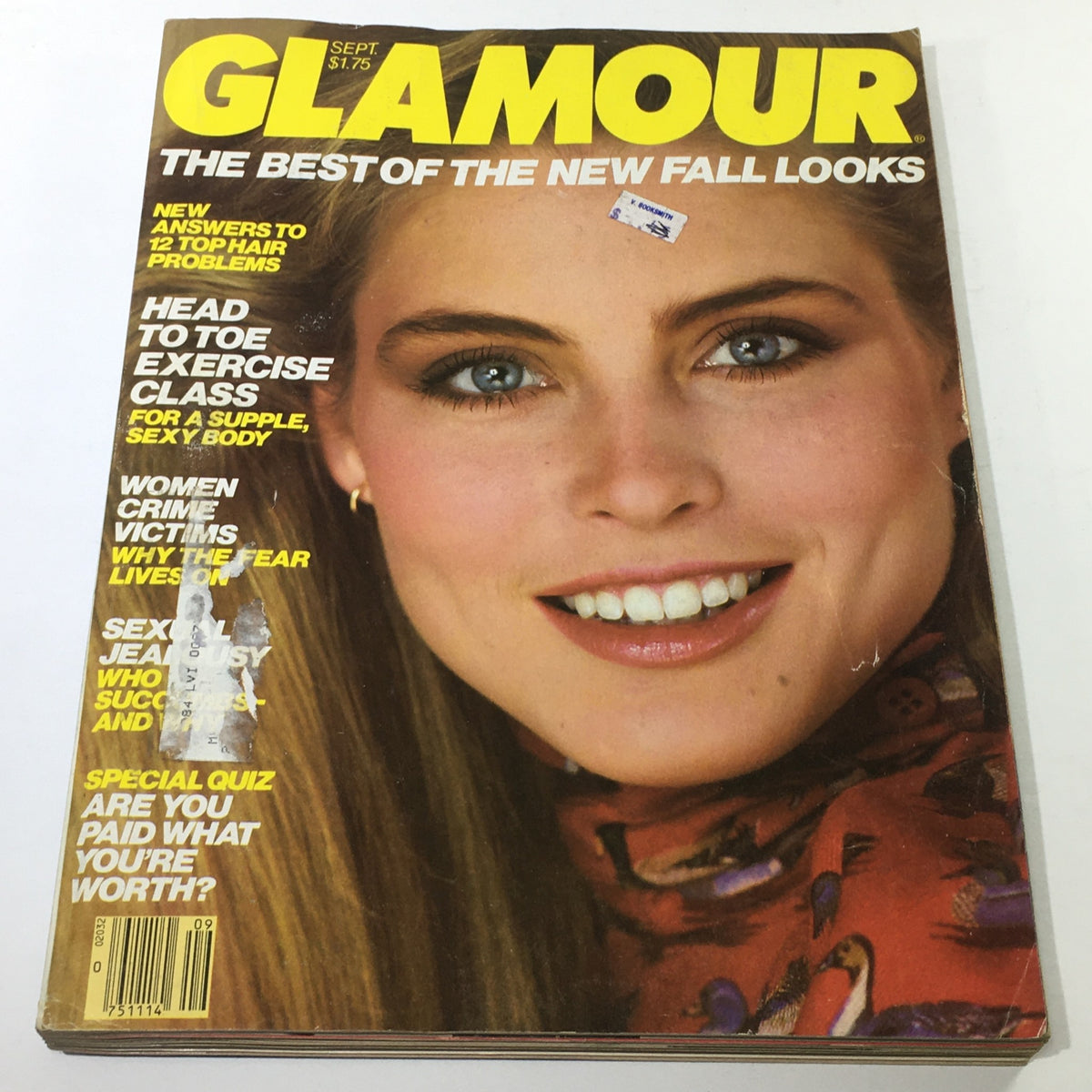 Vintage Glamour Magazine September 1981 cover featuring Kim Alexis with bold yellow title and magazine highlights, ideal for vintage fashion enthusiasts.