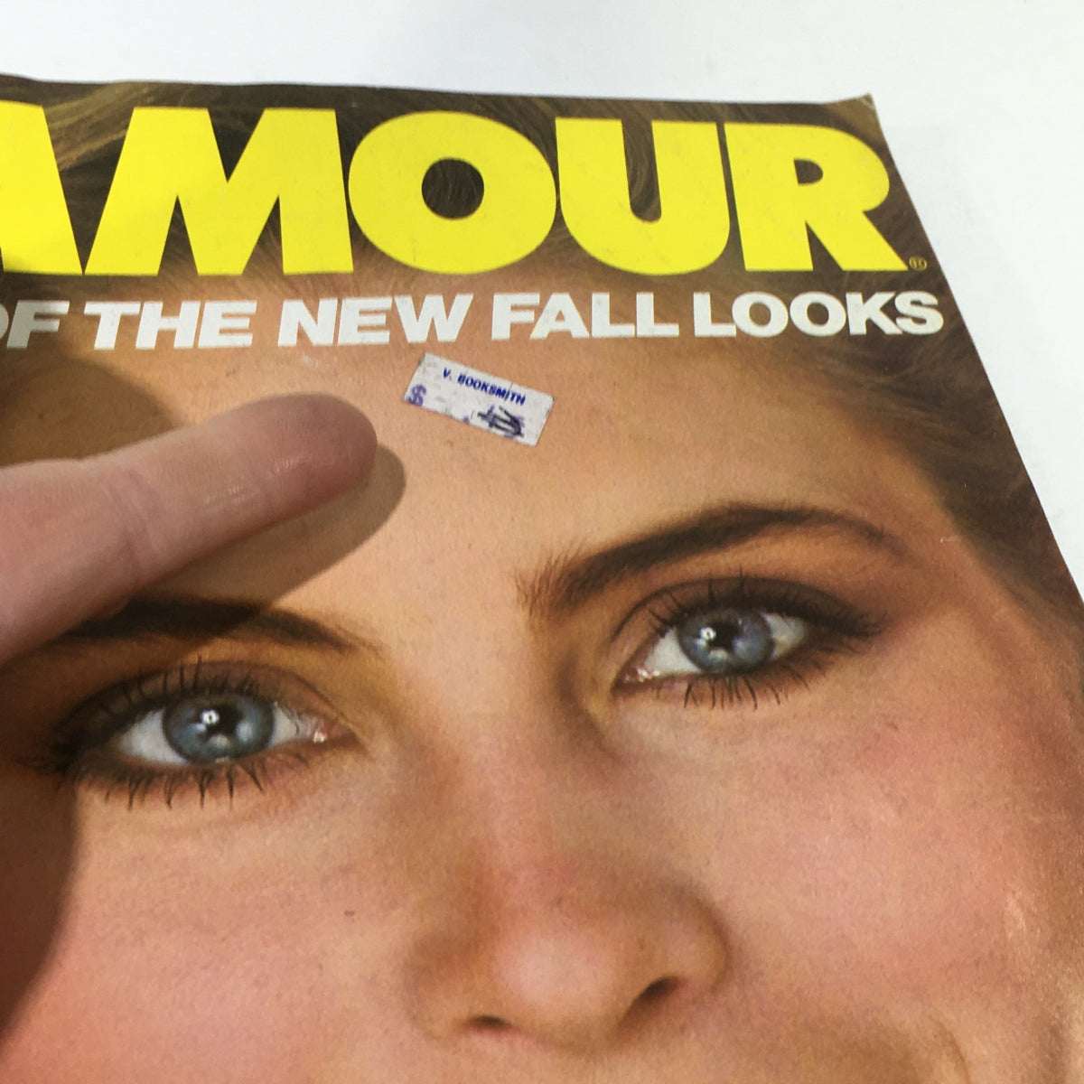 Close-up of Vintage Glamour Magazine September 1981 cover featuring Kim Alexis with a price sticker, showcasing a nostalgic glimpse into 1980s fashion.