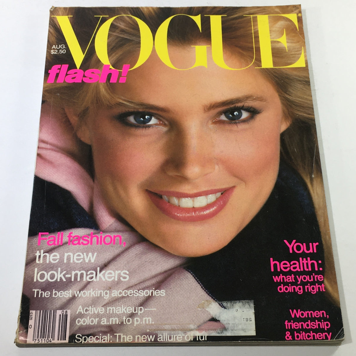 VTG Vogue Magazine: August 1981 featuring Kelly Emberg on the cover, highlighting 1980s fashion with bold graphics and captivating photography.