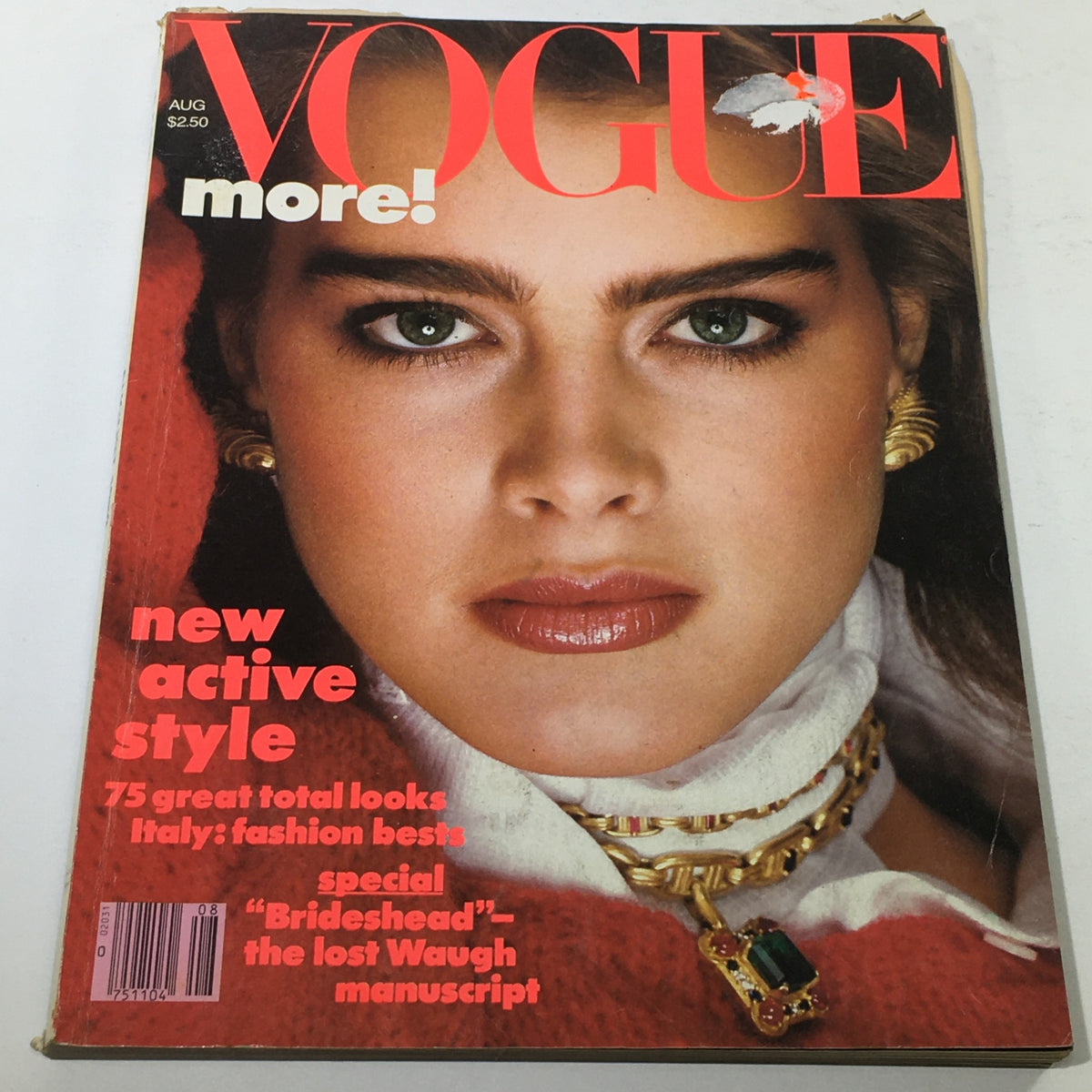 Vintage Vogue Magazine cover featuring Brooke Shields from August 1982, highlighting her iconic beauty and 80s fashion, perfect for collectors and fashion enthusiasts.