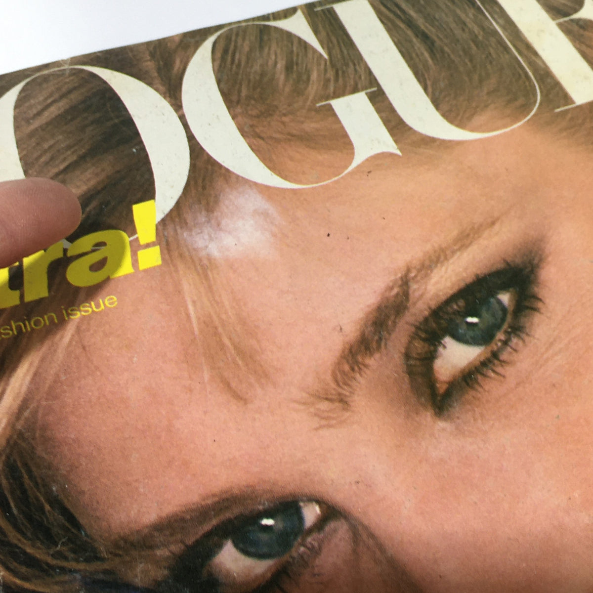 Close-up of the September 1979 VTG Vogue Magazine cover featuring iconic model Gia Carangi's captivating eyes. Perfect for fashion history enthusiasts.