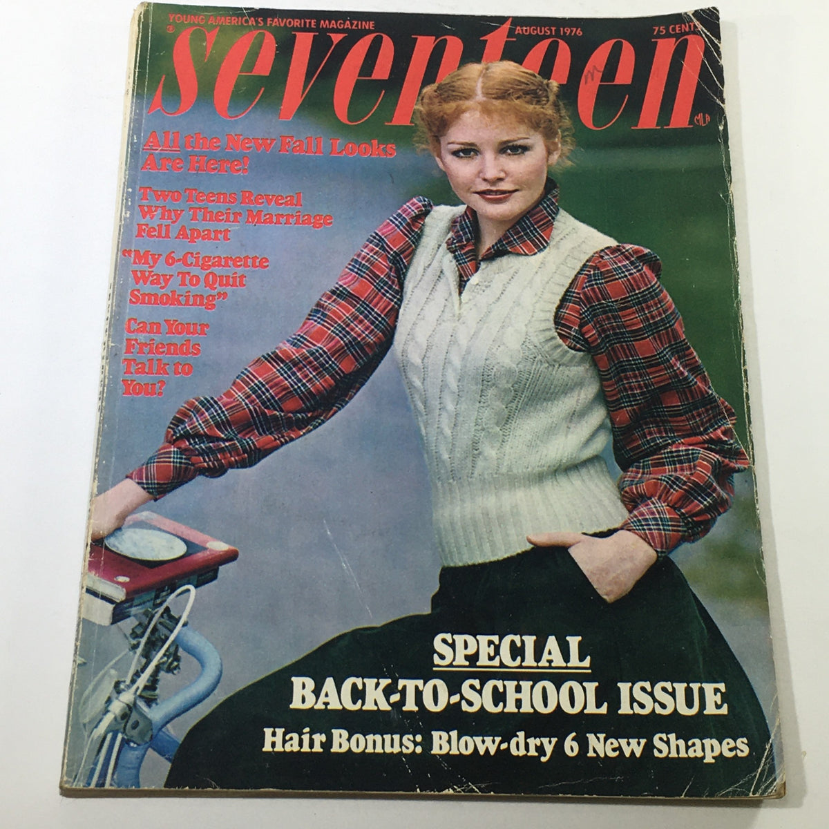 Seventeen Magazine August 1976 featuring Margie Swearingen on the cover, showcasing retro fashion trends and a classic back-to-school theme.