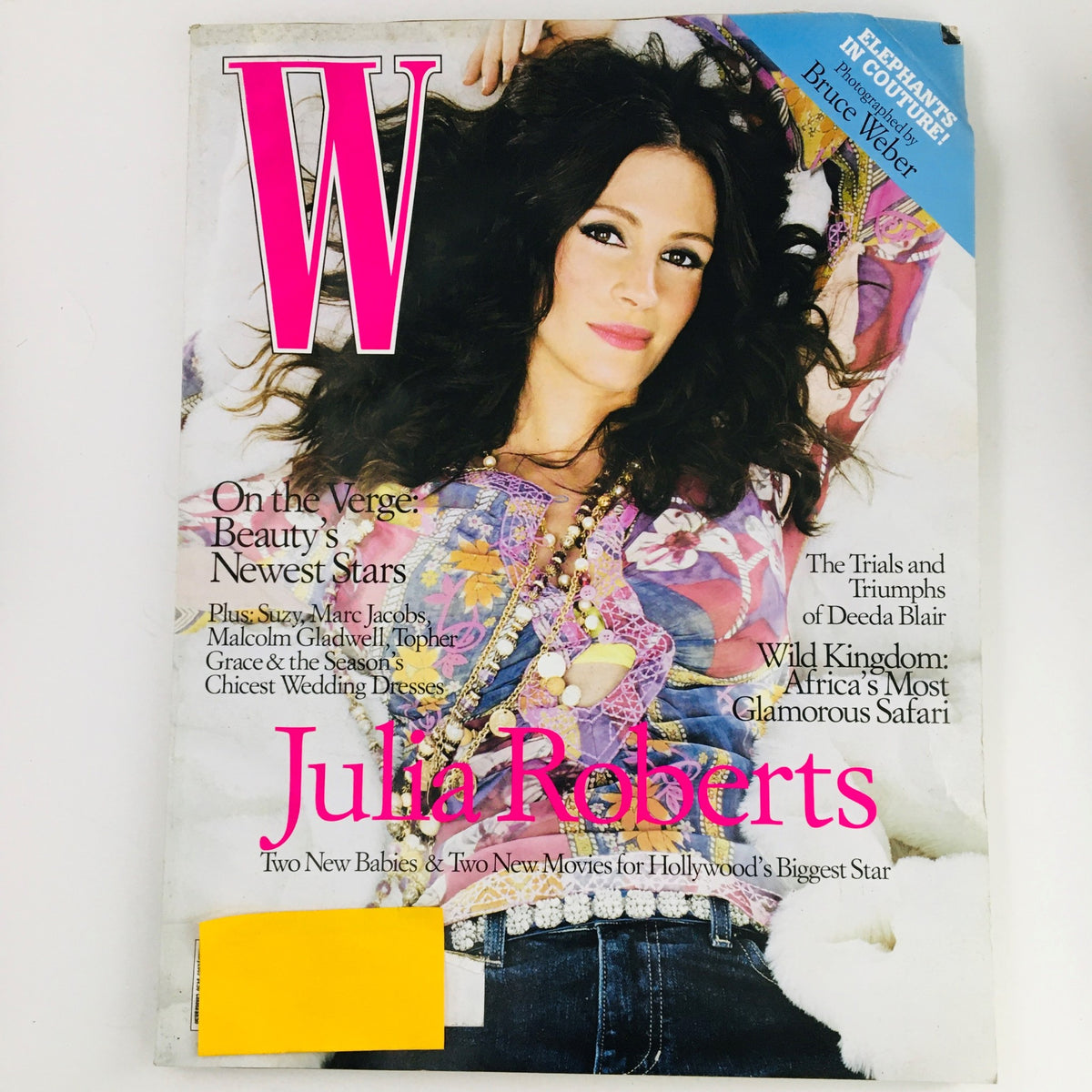 W Magazine January 2005 cover featuring actress Julia Roberts, showcasing vibrant colors and fashion, highlighting the trials and triumphs of Deeda Blair, including articles on Hollywood's newest stars and cinematic culture.