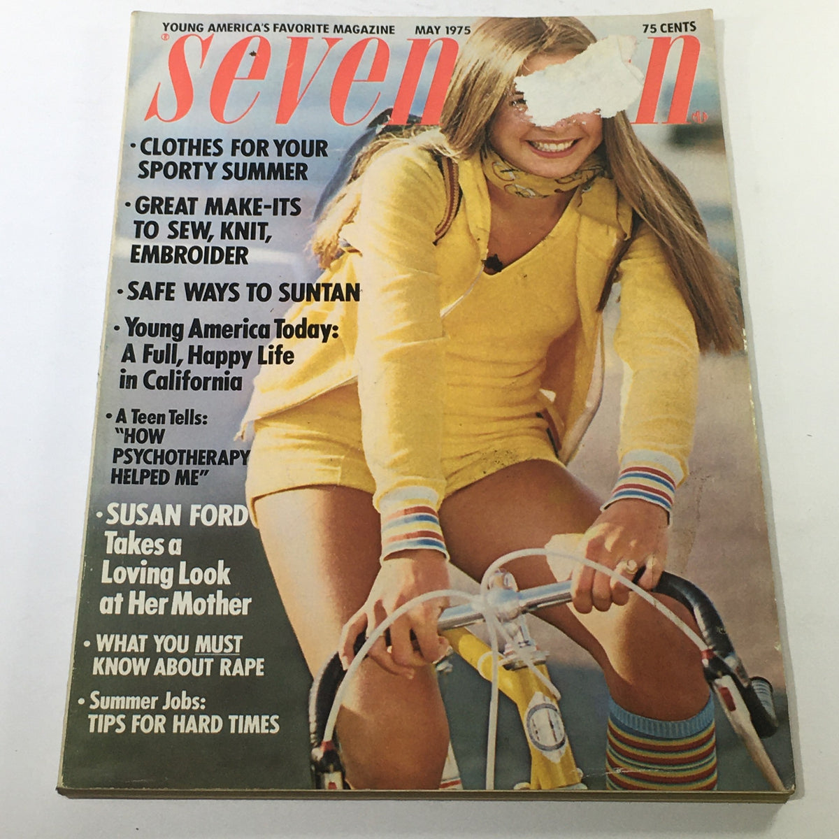 VTG Seventeen Magazine: May 1975 featuring a cover with a smiling young woman in a yellow outfit riding a bicycle, showcasing 1970s fashion trends.