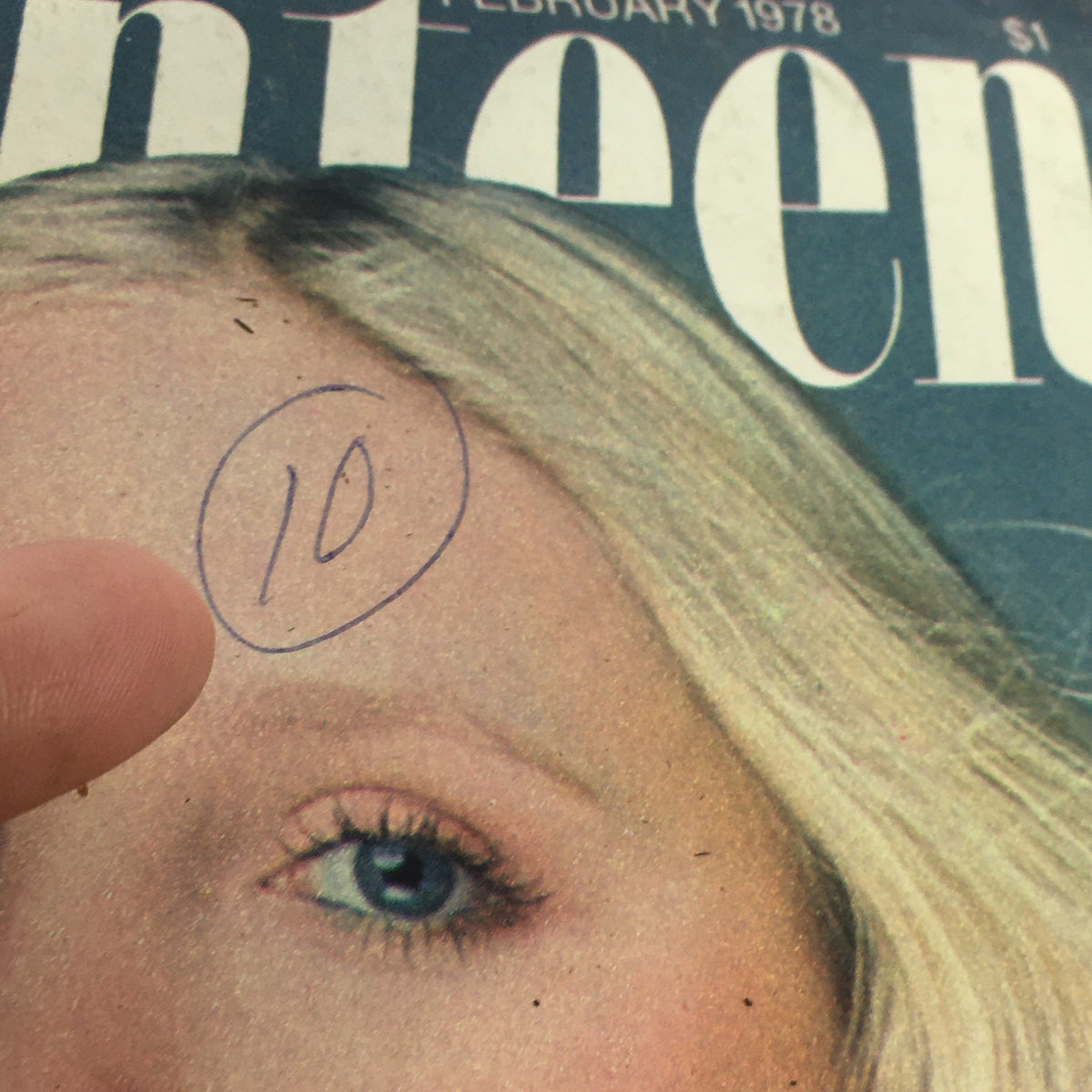 Close-up view of the cover of Vintage Seventeen Magazine February 1978, showing details like the price and the handwritten number on the cover.
