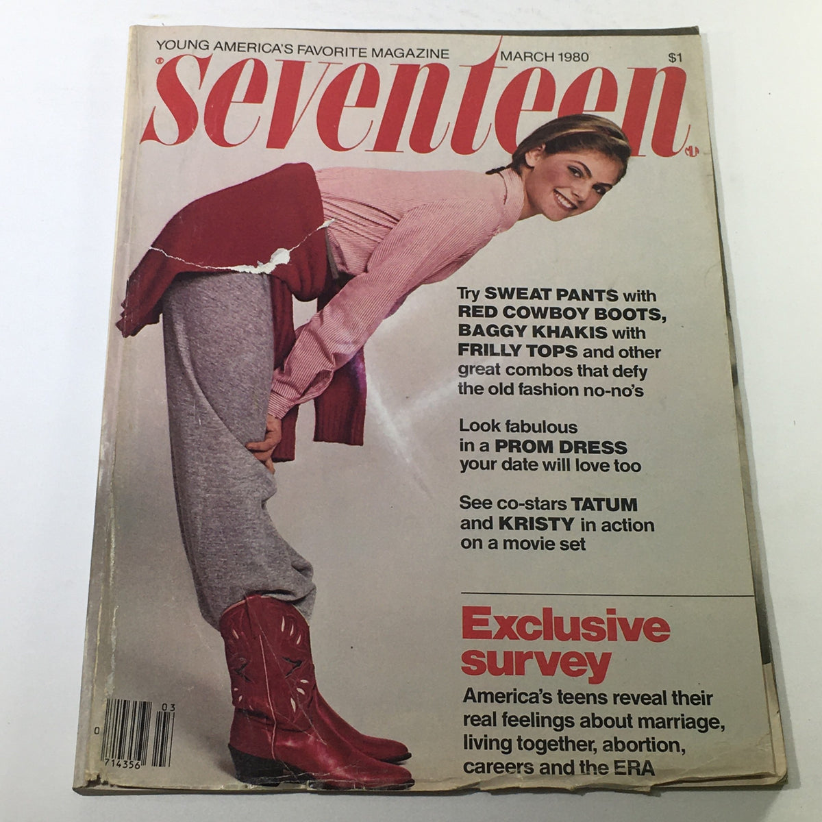 Vintage Seventeen Magazine cover from March 1980 featuring Caitlin Abramovitz, showcasing 1980s fashion trends with a model wearing red cowboy boots and frilly tops.
