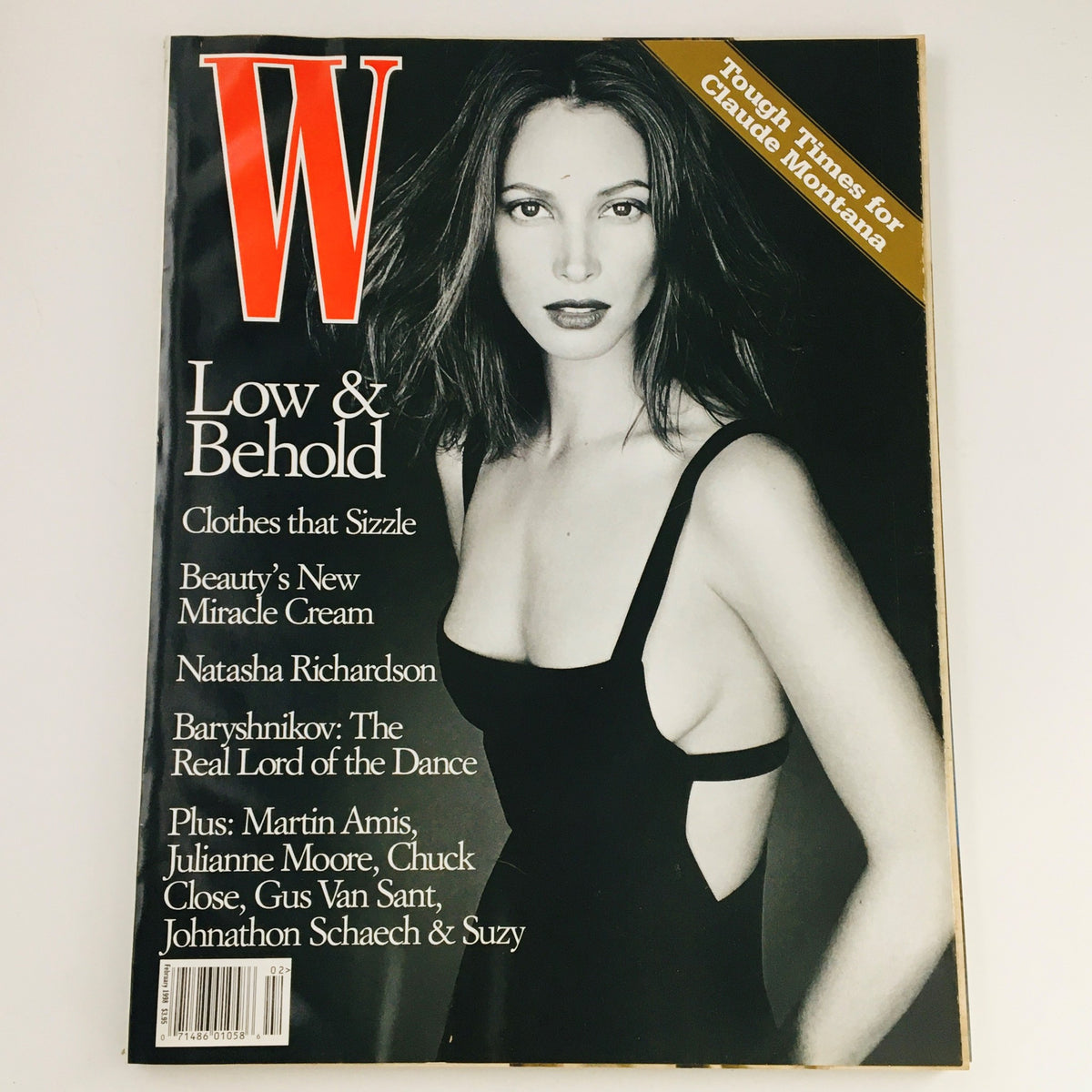 W Magazine February 1998 cover featuring Natasha Richardson with the title 'W Low & Behold'. Highlighting fashion and beauty trends alongside cultural commentary from the late '90s.