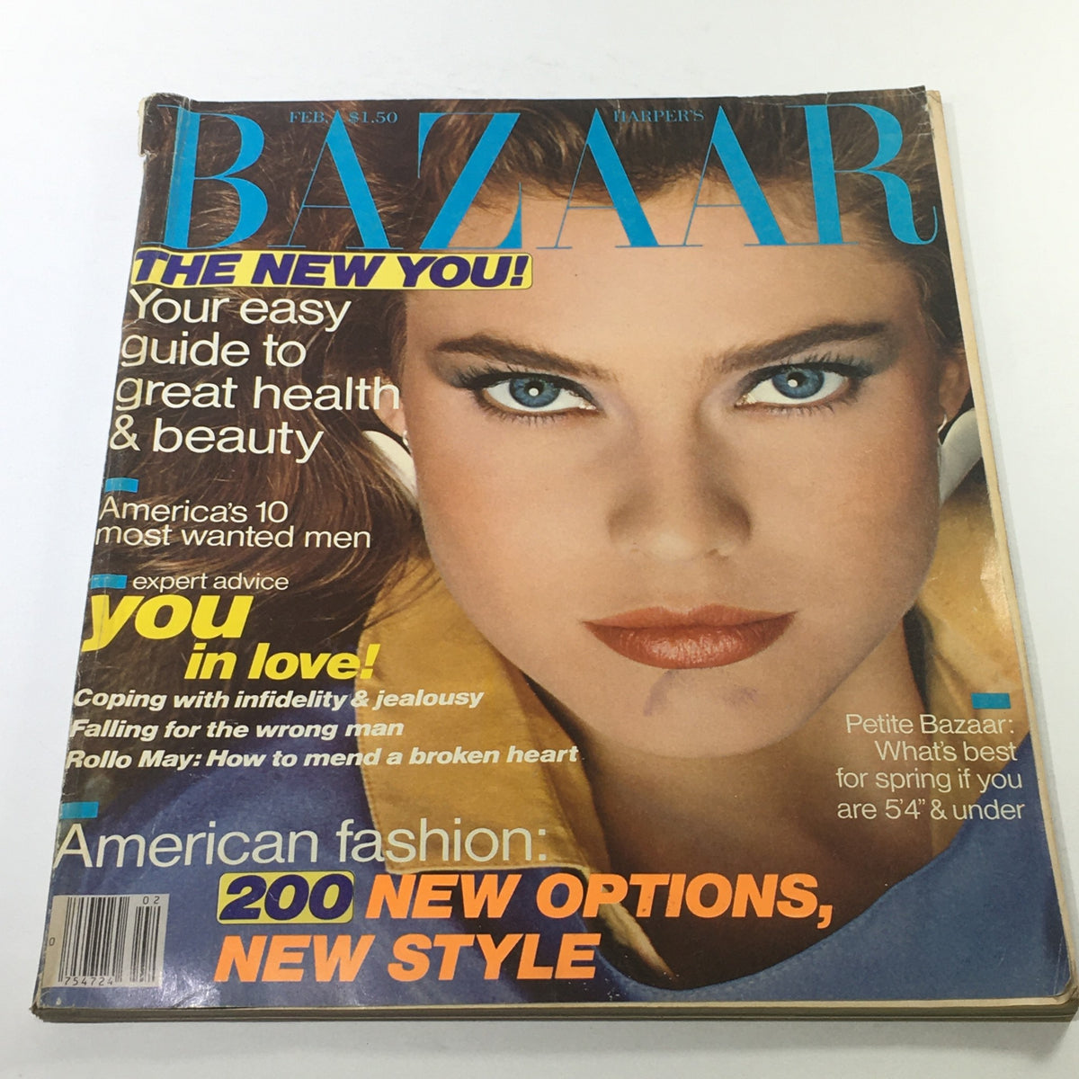 Vintage Bazaar Magazine from February 1982 featuring a cover with a model and the title 'VTG Bazaar Magazine: February 1982 - Carol Alt Cover No Label/Newsstand'. The magazine emphasizes beauty, health, and American fashion with headlines about love and expert advice.