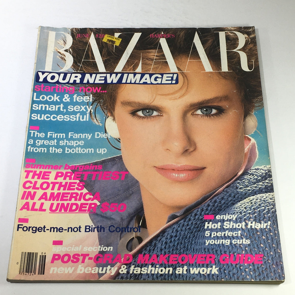 VTG Bazaar Magazine: June 1984 - Front cover featuring a model with blue eyes and stylish hair, inviting readers with bold text about fashion. No label or newsstand.