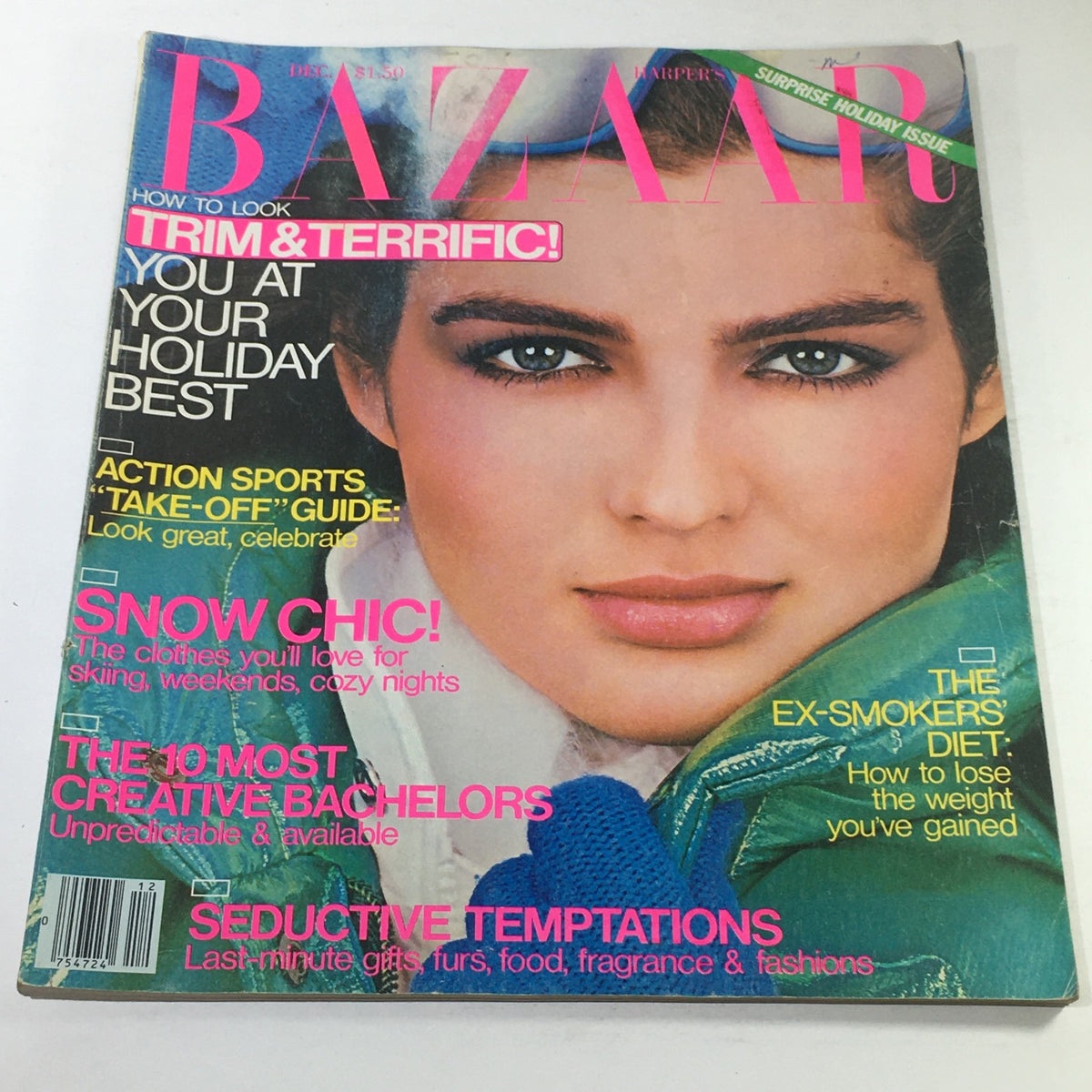 Cover of VTG Bazaar Magazine: December 1980 featuring a model with striking makeup, showcasing holiday fashion and lifestyle tips. No label and newsstand edition, with visible wear on edges.