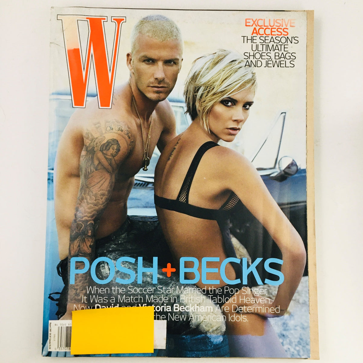 Cover of W Magazine August 2007 featuring soccer star David Beckham and pop singer Posh Spice, also known as Victoria Beckham. The magazine highlights their marriage and captures a significant moment in celebrity culture, showcasing the dynamic relationship between sports and entertainment.