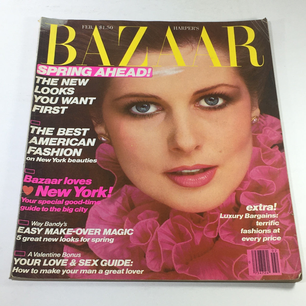 Cover of VTG Bazaar Magazine February 1981 featuring a beauty model with striking blue eyes and pink ruffled attire, highlighting topics like American fashion and New York lifestyle.
