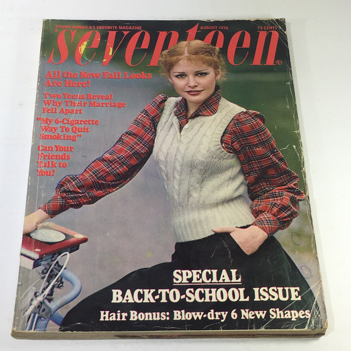 Vintage Seventeen Magazine from August 1976 featuring Margie Swearingen on the cover, showcasing 1970s fashion and culture with a focus on fall looks and back-to-school themes.