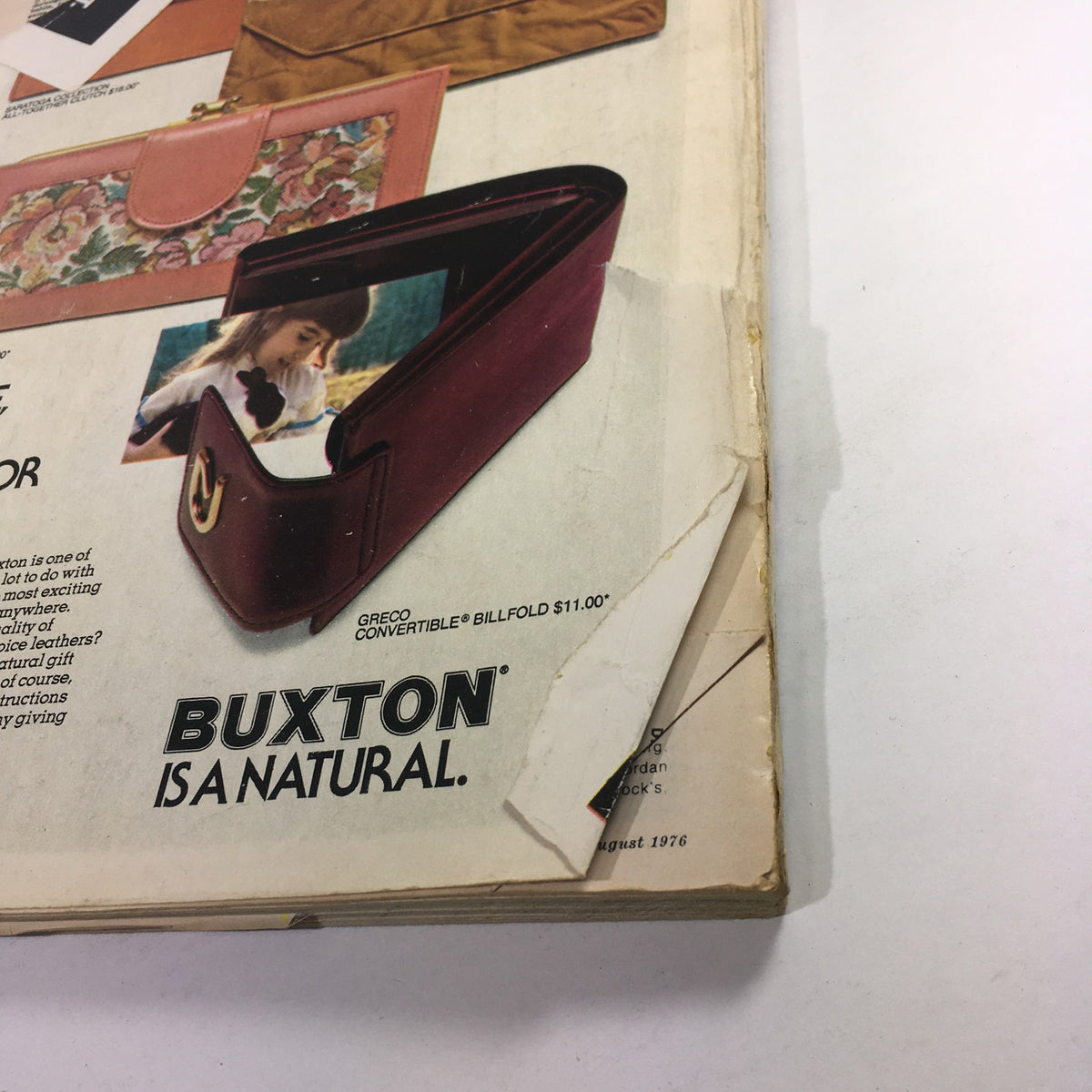 Interior page of the August 1976 Seventeen Magazine showcasing a vintage advertisement for Buxton accessories, reflecting 1970s marketing and design aesthetics.