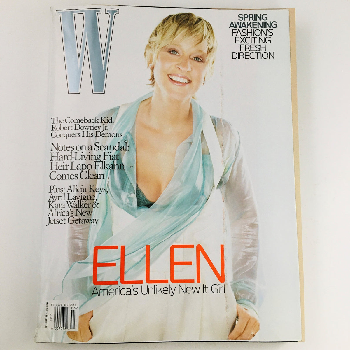 Cover of W Magazine March 2007 featuring Ellen DeGeneres, titled 'Ellen: America's Unlikely New It Girl', showcasing her charm and style