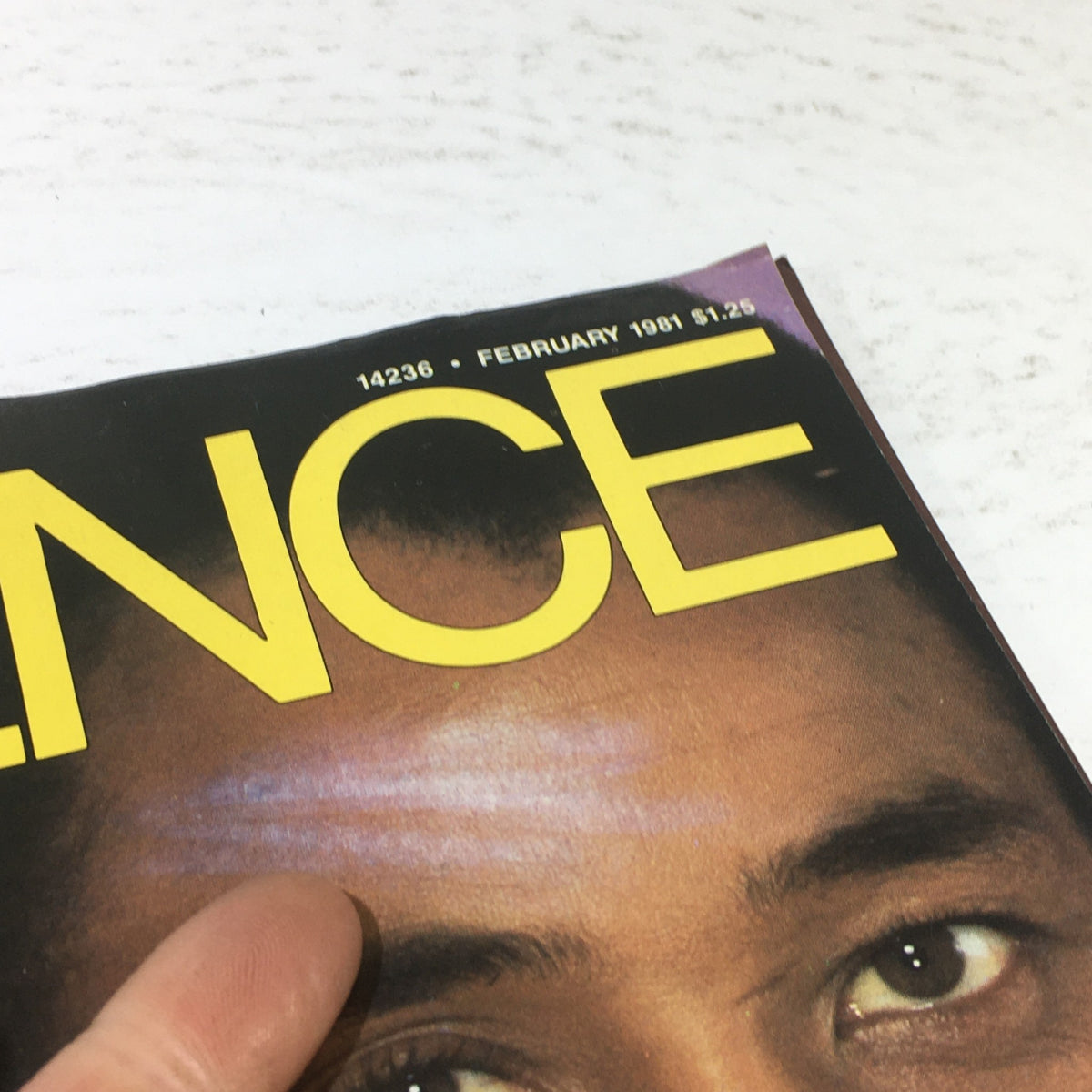 Close-up of the Essence Magazine February 1981 cover with the title prominently displayed, highlighting its cultural significance and vintage appeal.
