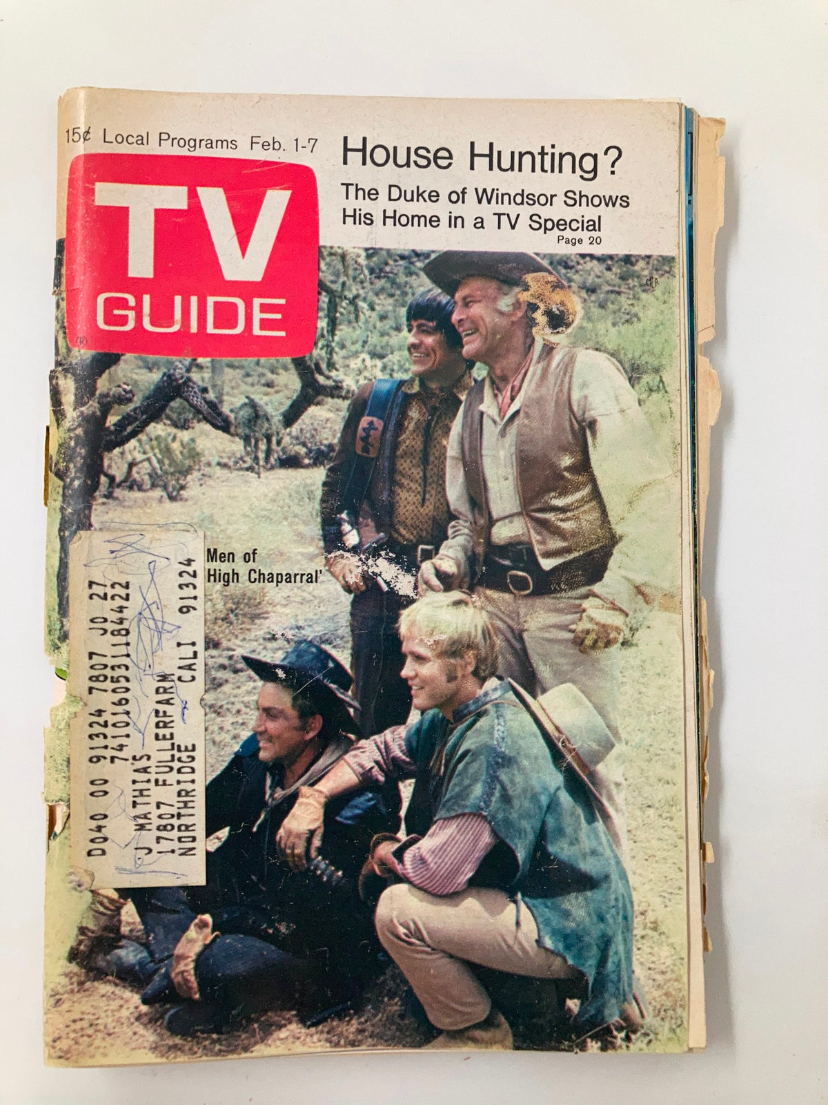 TV Guide Magazine February 1 1969 cover featuring Cameron Mitchell, showcasing a vintage TV guide cover with the headline 'House Hunting?' and images of men from 'High Chaparral', capturing the charm of 1960s television history.