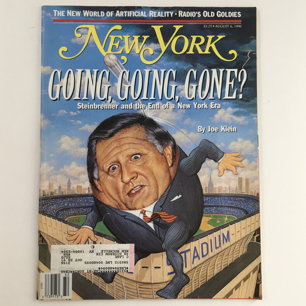 Cover of New York Magazine dated August 6, 1990, featuring a caricature of George Steinbrenner with the headline 'Going, Going, Gone? Steinbrenner and the End of a New York Era'.