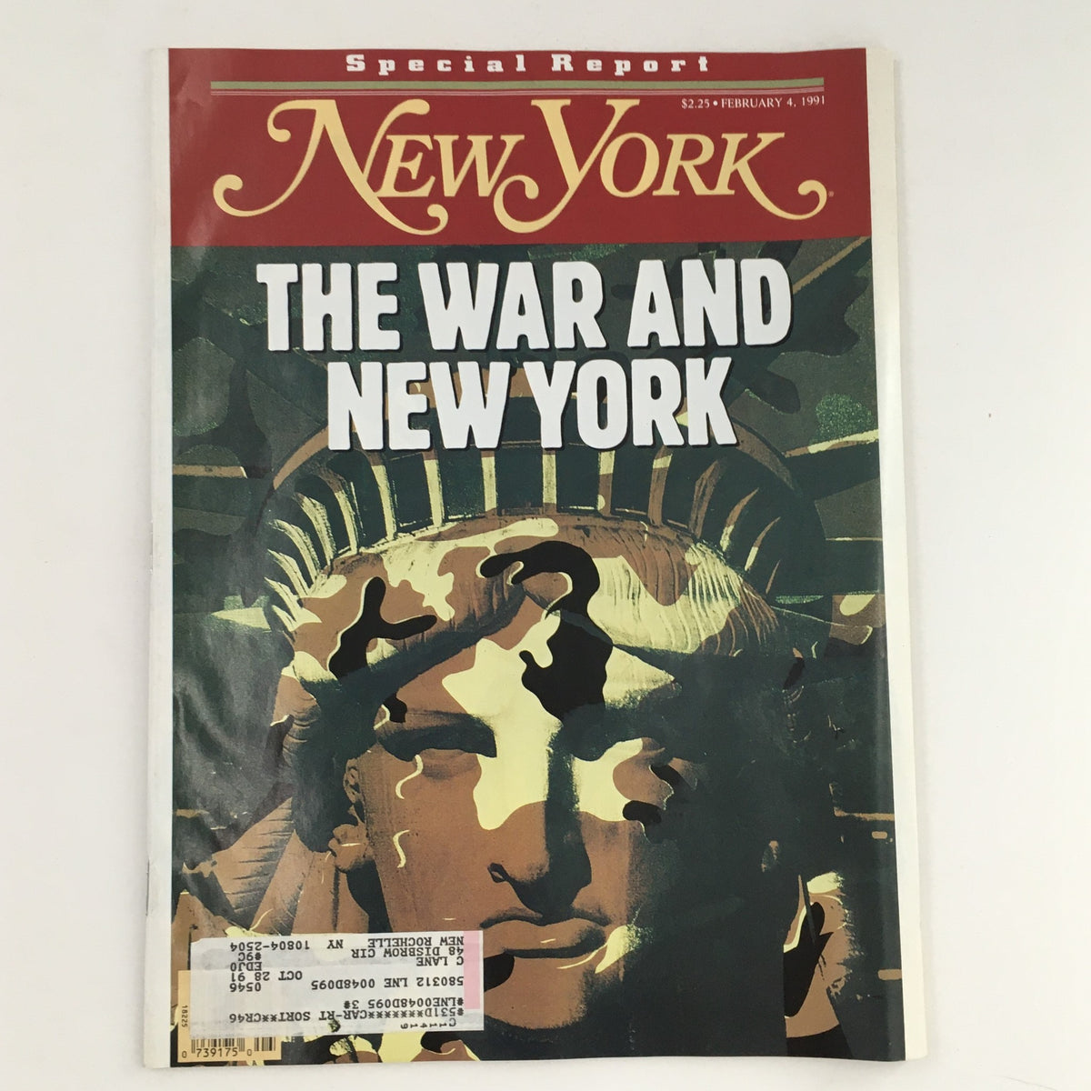 New York Magazine cover from February 4, 1991, featuring the title 'The War and New York' with a camouflage design overlaying the Statue of Liberty. A special report highlighting the impact of war on urban life.