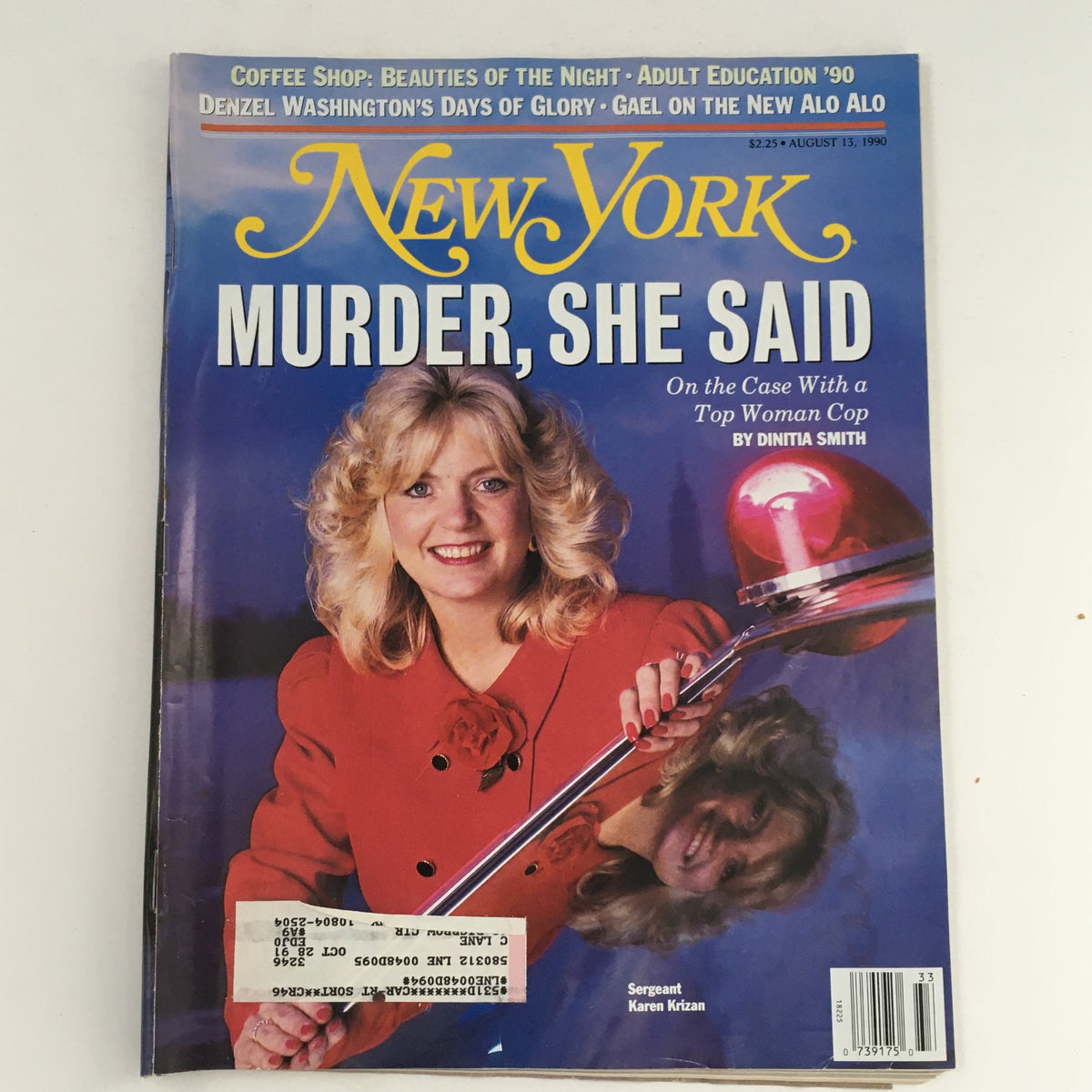 New York Magazine August 13 1990 cover featuring Sgt. Karen Krizan with a bold headline 'Murder, She Said' and an image of her holding a police-style flashlight. This collectible magazine also includes features on Denzel Washington and serves as a vintage piece highlighting significant personalities of the era.