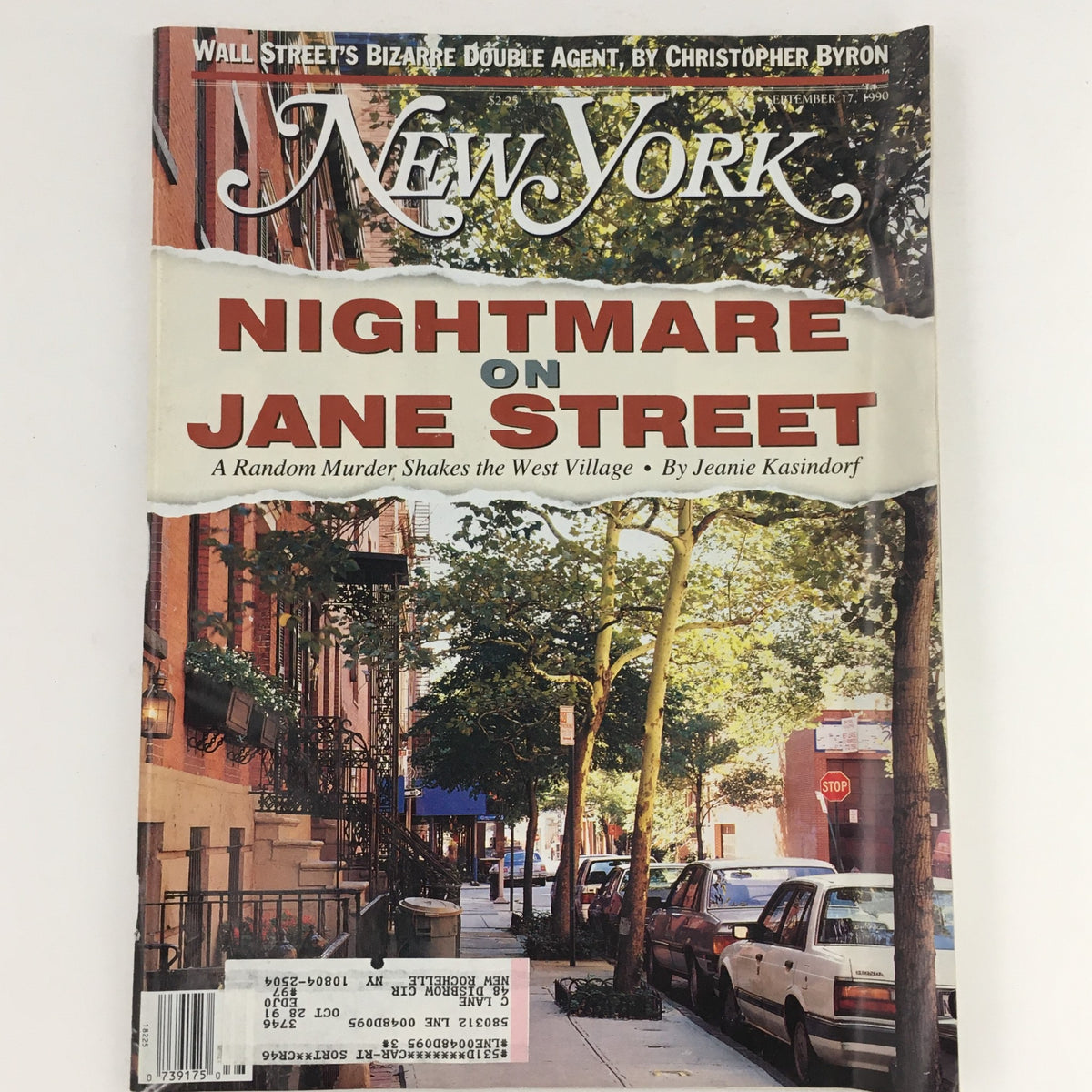 Cover of New York Magazine dated September 17, 1990, featuring the title 'Nightmare on Jane Street: A Random Murder' with an image of a quiet West Village street in the background.