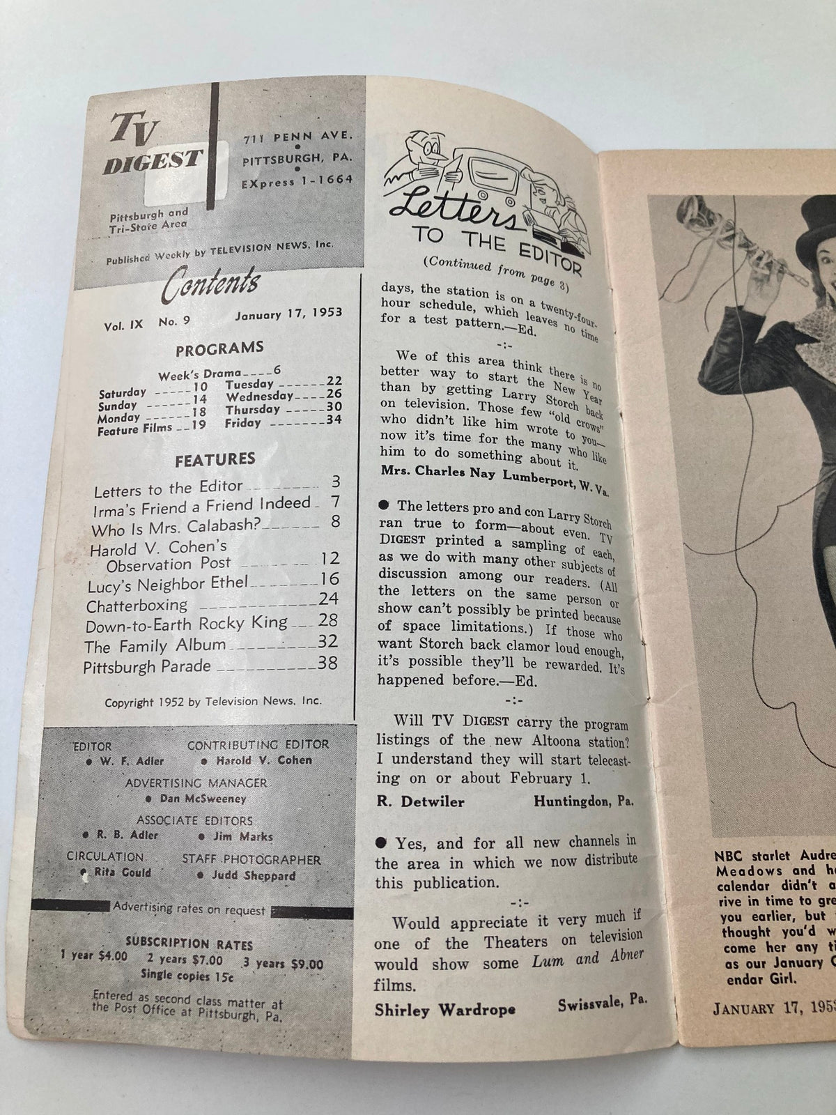 Inside page of TV Digest Magazine January 17 1953 displaying the table of contents and features including proposals for TV programs and letters to the editor.