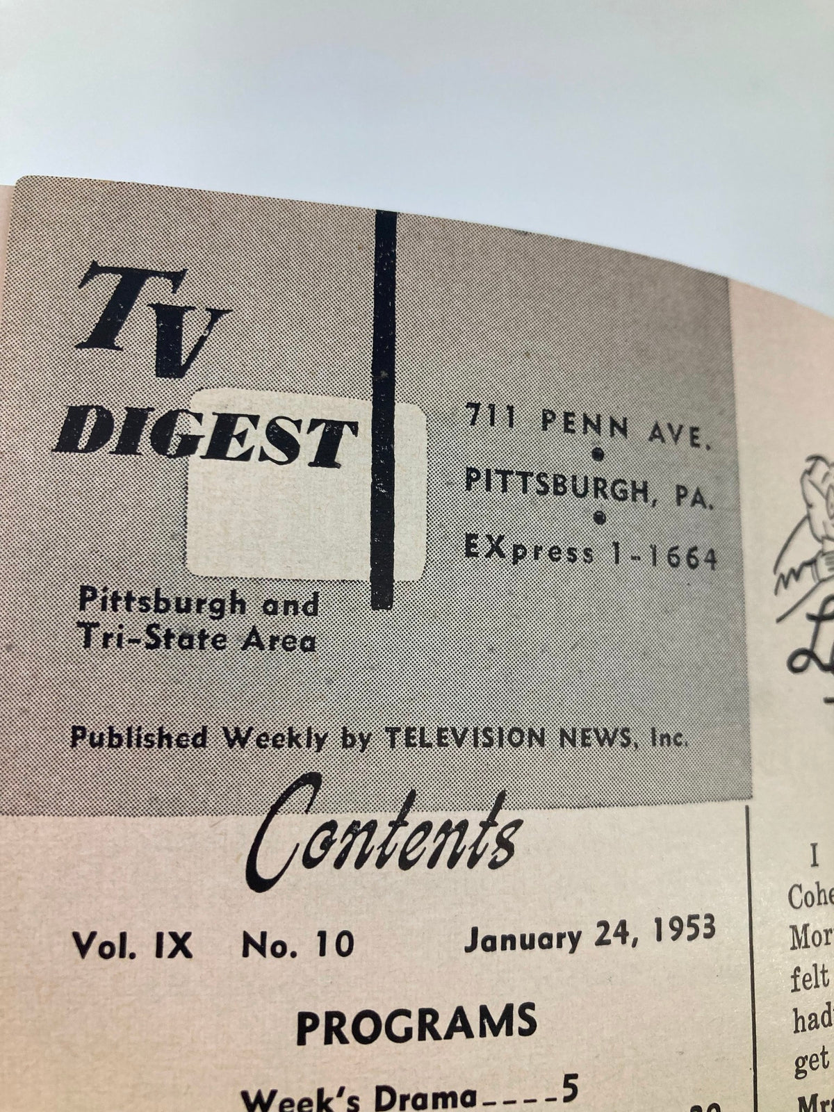 Publication details page of TV Digest Magazine January 24, 1953, indicating the magazine's publisher, address, and date, emphasizing its historical context.