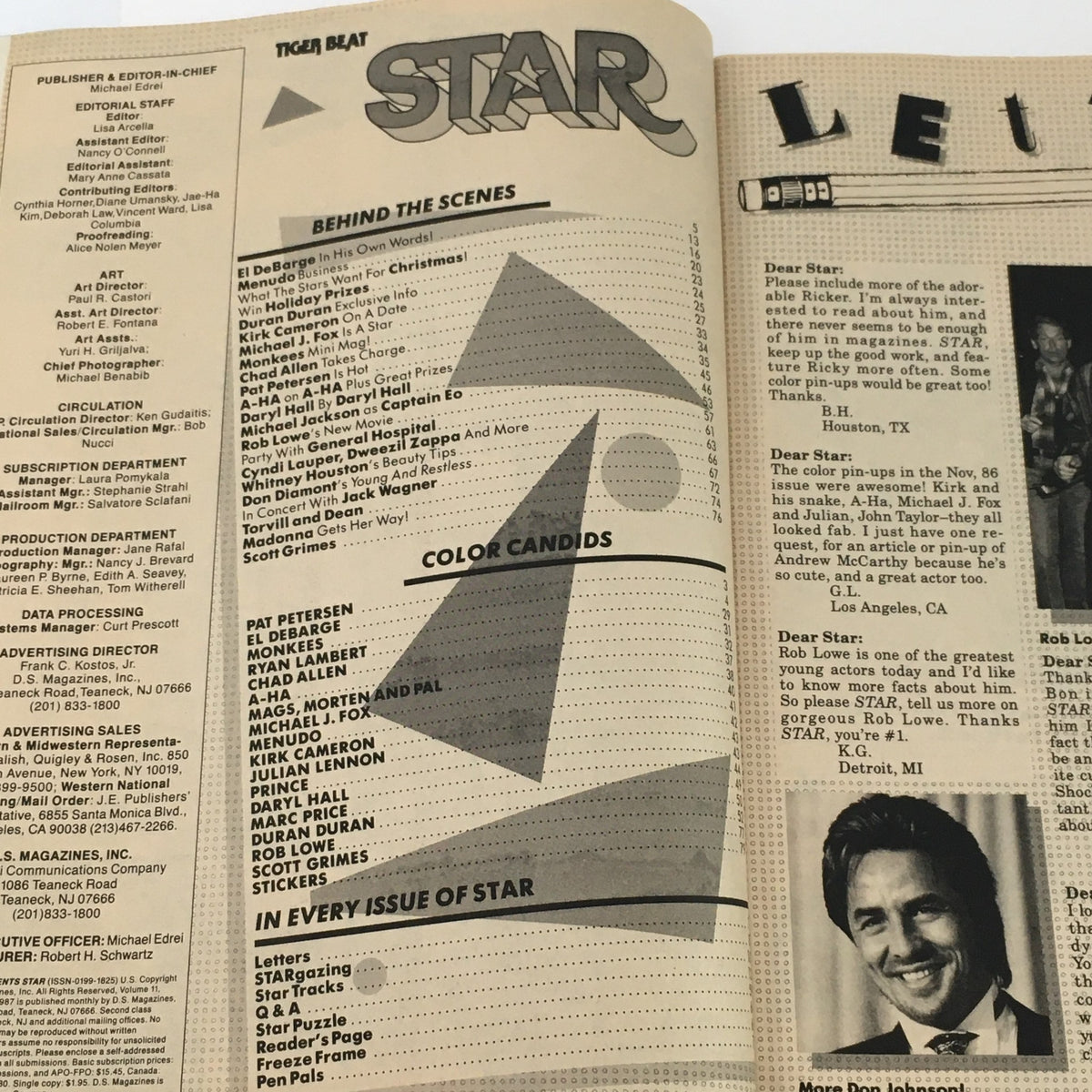 Contents page of Tiger Beat Star Magazine January 1987, outlining features including behind-the-scenes stories and color candid photos of popular stars like Pat Petersen.