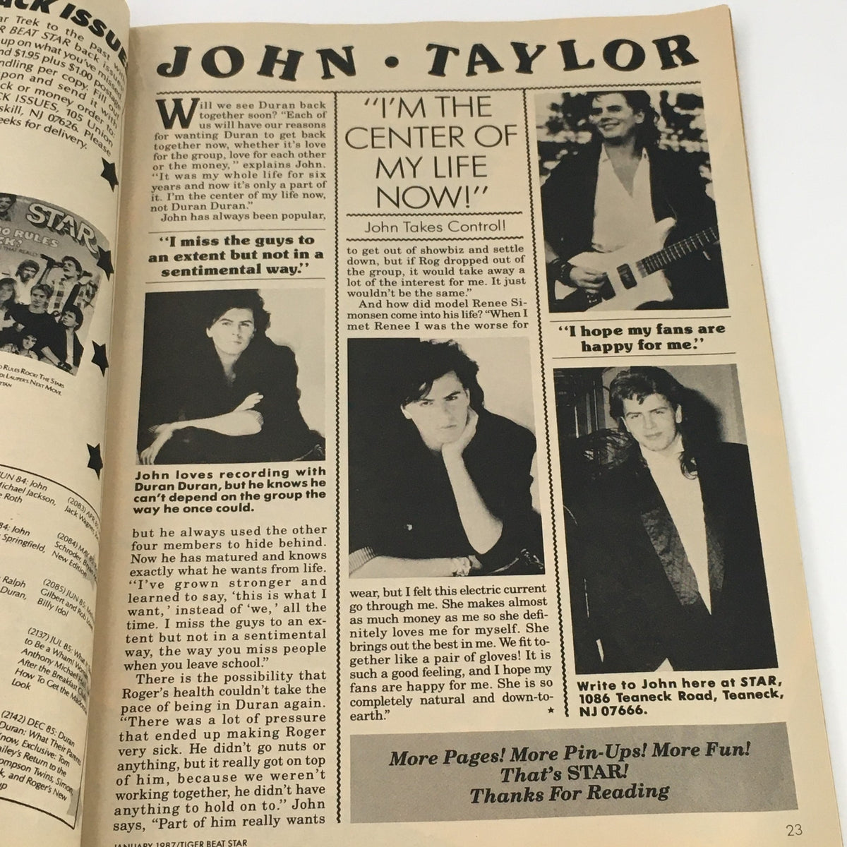 Page from Tiger Beat Star Magazine January 1987 featuring John Taylor from Duran Duran discussing his music career and expressing his feelings about fans and group dynamics.