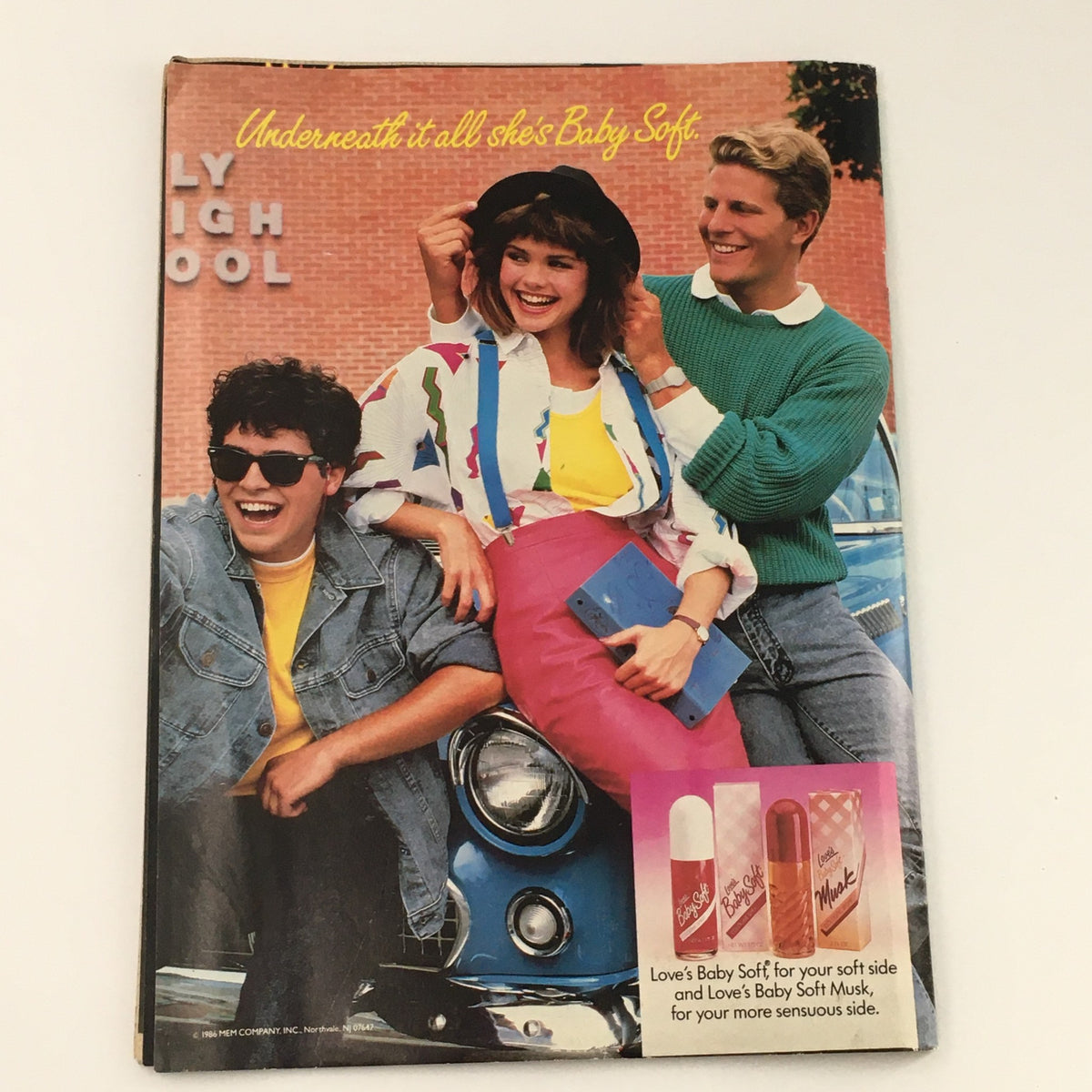 Promotional image from the Tiger Beat Star Magazine January 1987 showcasing a fashionable group of teenagers, advertising Love's Baby Soft, embodying 80s pop culture.