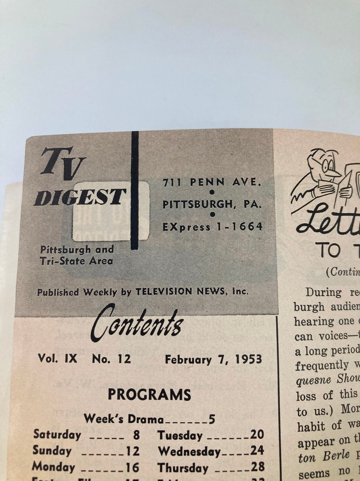 Detailed contents page of TV Digest Magazine from February 7, 1953, including features and program listings, Pittsburgh/Tri-State Edition.