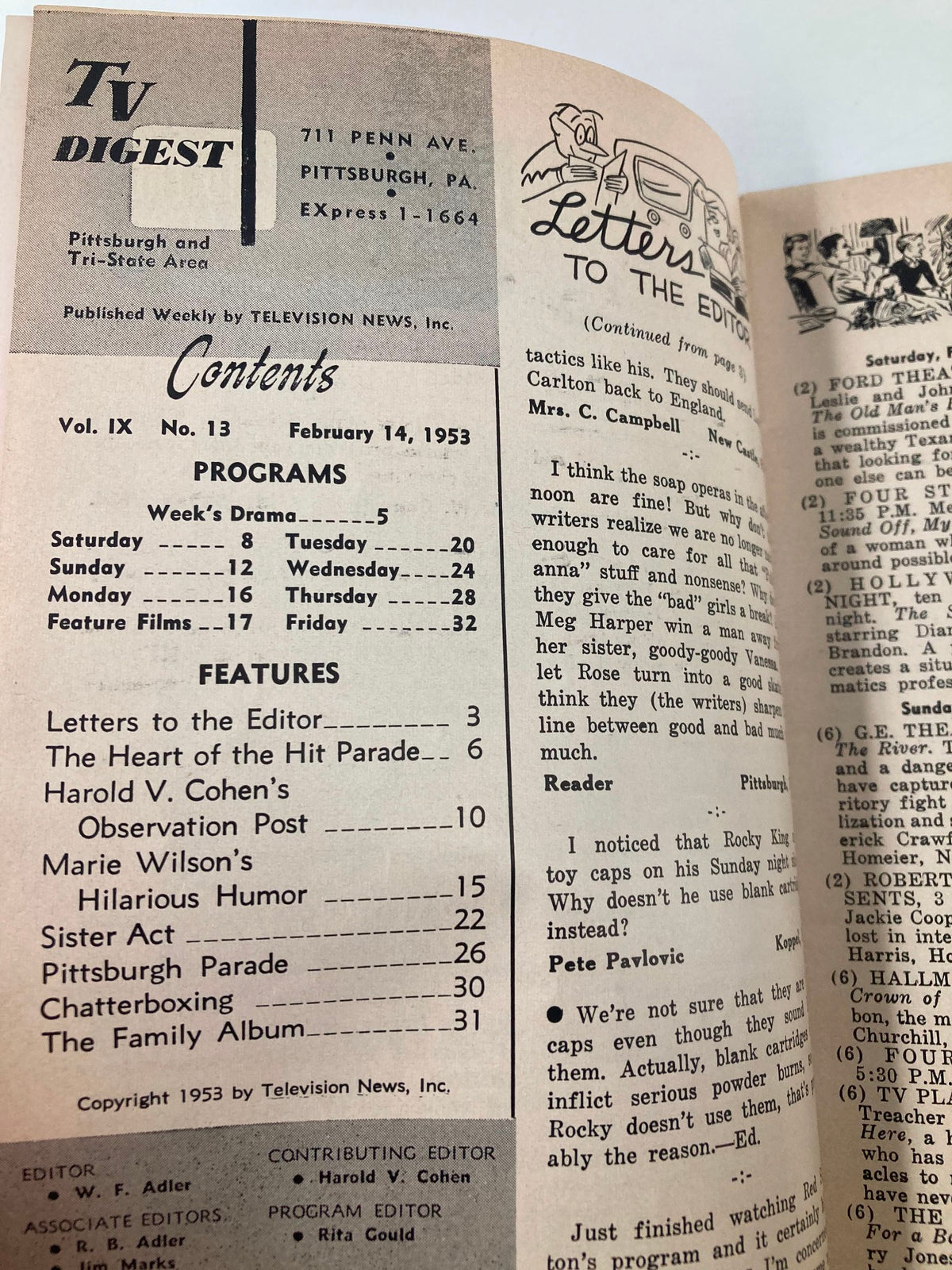Inside page of TV Digest Magazine February 14 1953, displaying the contents section and features, providing insights into classic programming and articles from this vintage publication.
