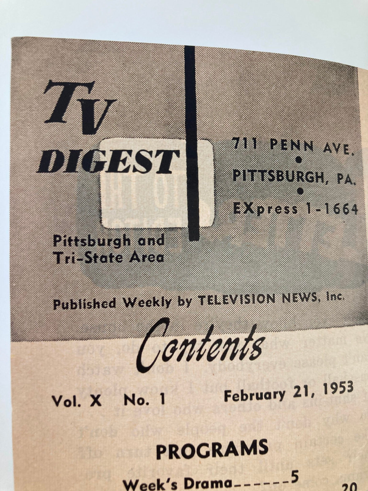 Another inside page of TV Digest Magazine February 21 1953 highlighting the publication details and editorial information.