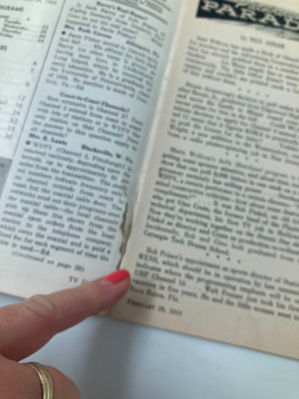 Close-up of a page from TV Digest Magazine, February 28, 1953, featuring television program listings and handwritten notes.