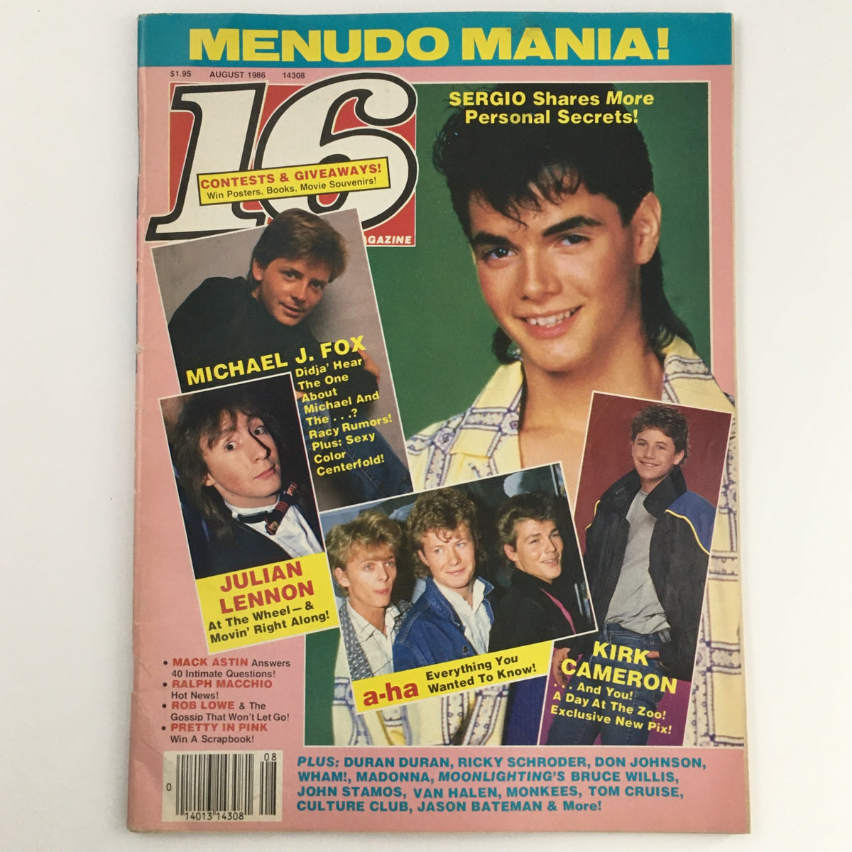 Cover of 16 Magazine August 1986 featuring Michael J. Fox, Sergio Gonzalez, Julian Lennon, and Kirk Cameron with bold headlines and photographs.
