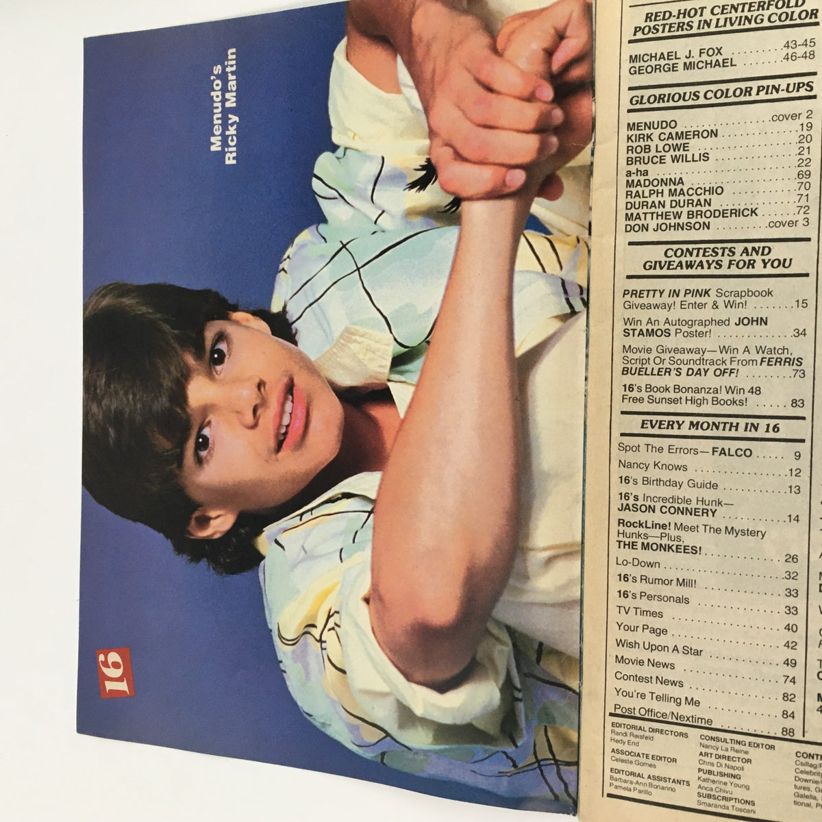 16 Magazine August 1986 cover featuring Menudo's Ricky Martin in a colorful shirt, showcasing 80s pop culture and celebrity highlights.
