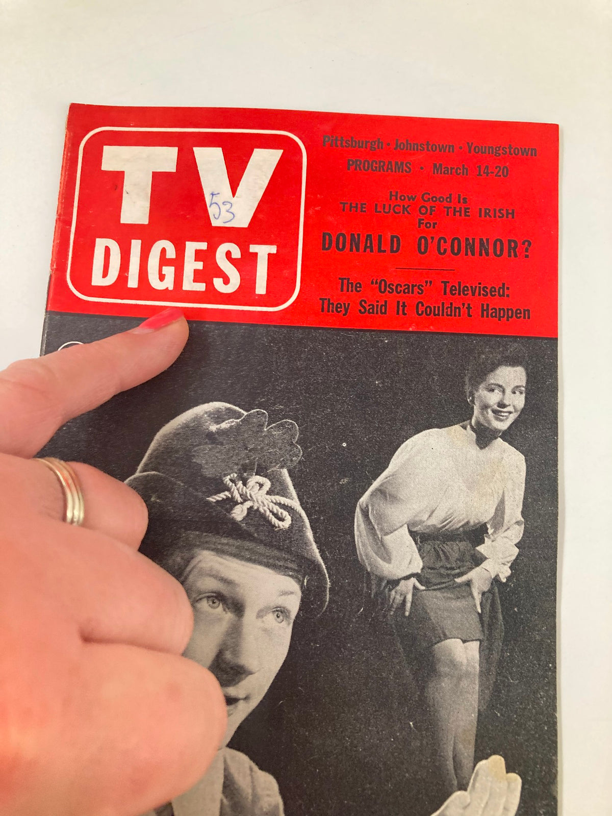 Cover of TV Digest Magazine March 14 1953 featuring Donald O'Connor, showcasing text about Irish luck and the Oscars, with a vintage design.