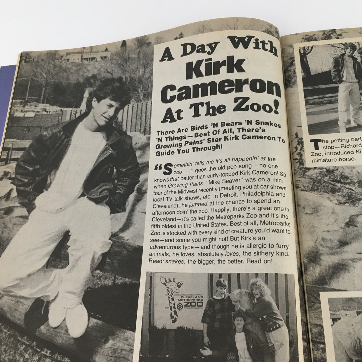 Article in 16 Magazine August 1986 titled 'A Day With Kirk Cameron At The Zoo', featuring a photo and description of Kirk Cameron's zoo adventure.