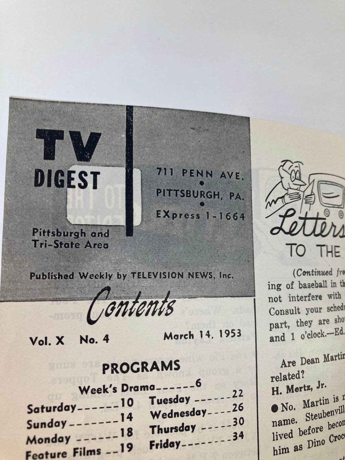 Another view of the contents page from TV Digest Magazine March 14 1953, highlighting program schedules and editorial notes, reflecting vintage magazine style.
