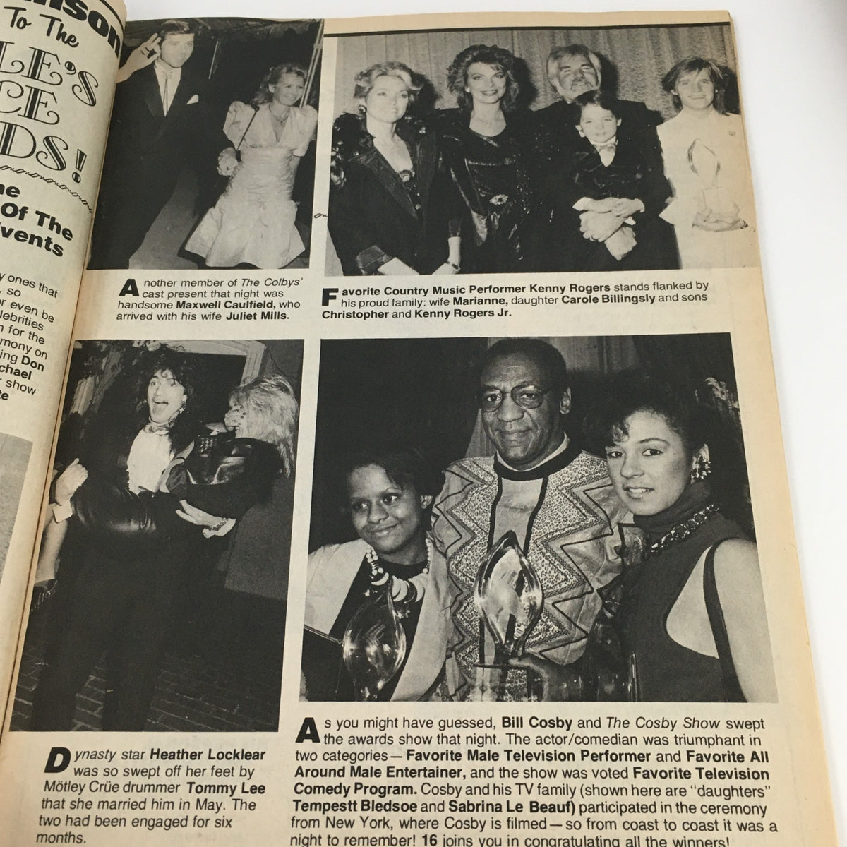 16 Magazine August 1986 inside pages showcasing celebrities including Bill Cosby and Kenny Rogers at an awards event, illustrating pop culture moments.