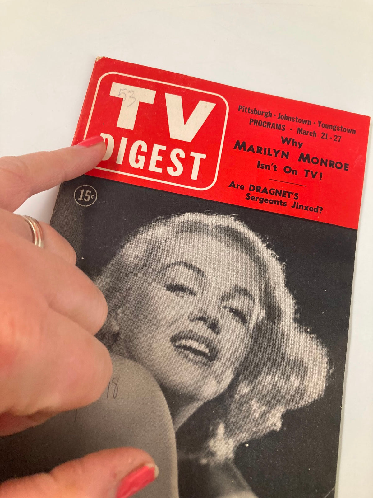 Cover of TV Digest Magazine from March 21, 1953 featuring Marilyn Monroe, highlighting why she isn't on TV. Pittsburgh/Tri-State edition with vintage design elements.