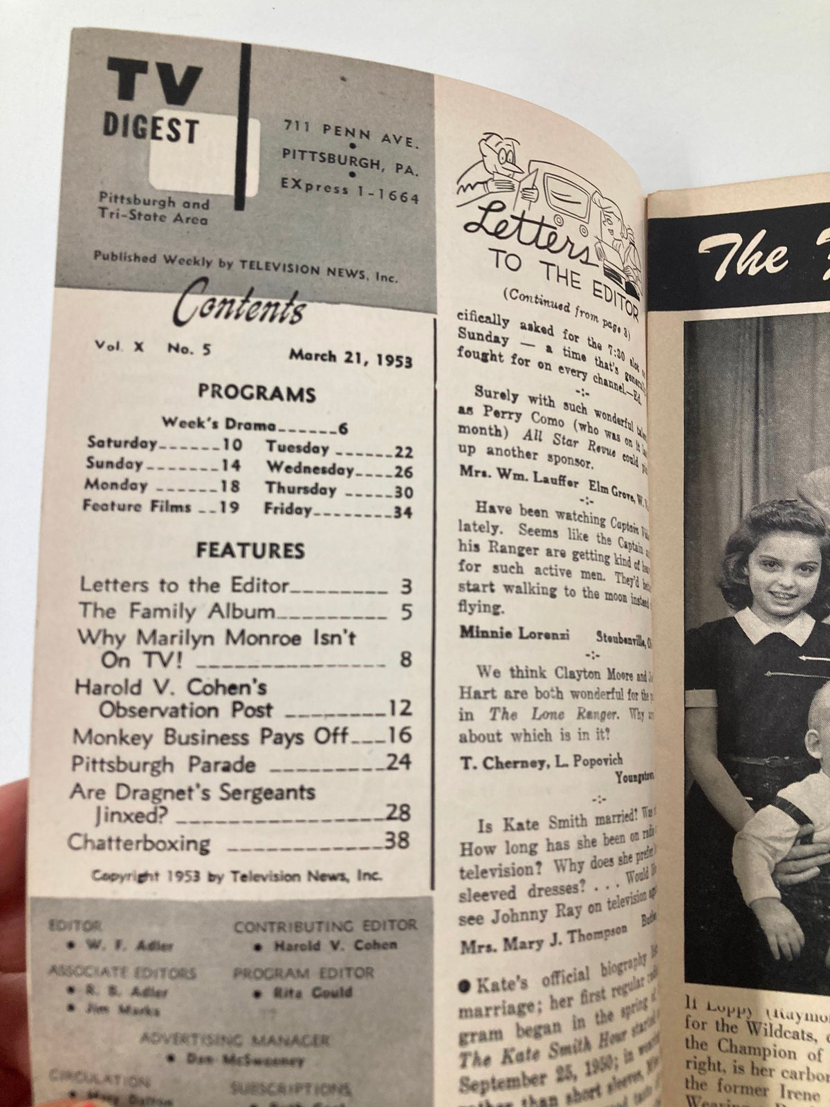 Contents page of TV Digest Magazine March 21 1953, highlighting features and programs including why Marilyn Monroe isn't on TV.