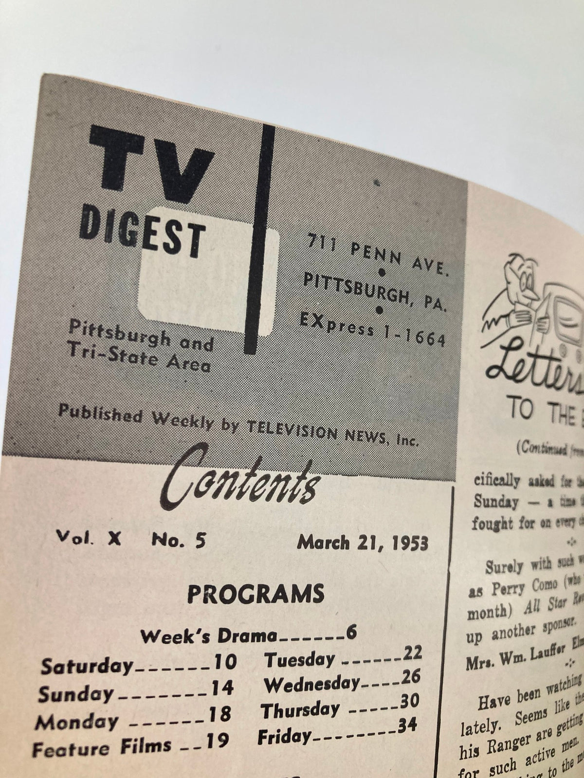 TV Digest Magazine March 21 1953's contents section with programs listed, revealing television history from the early 1950s.
