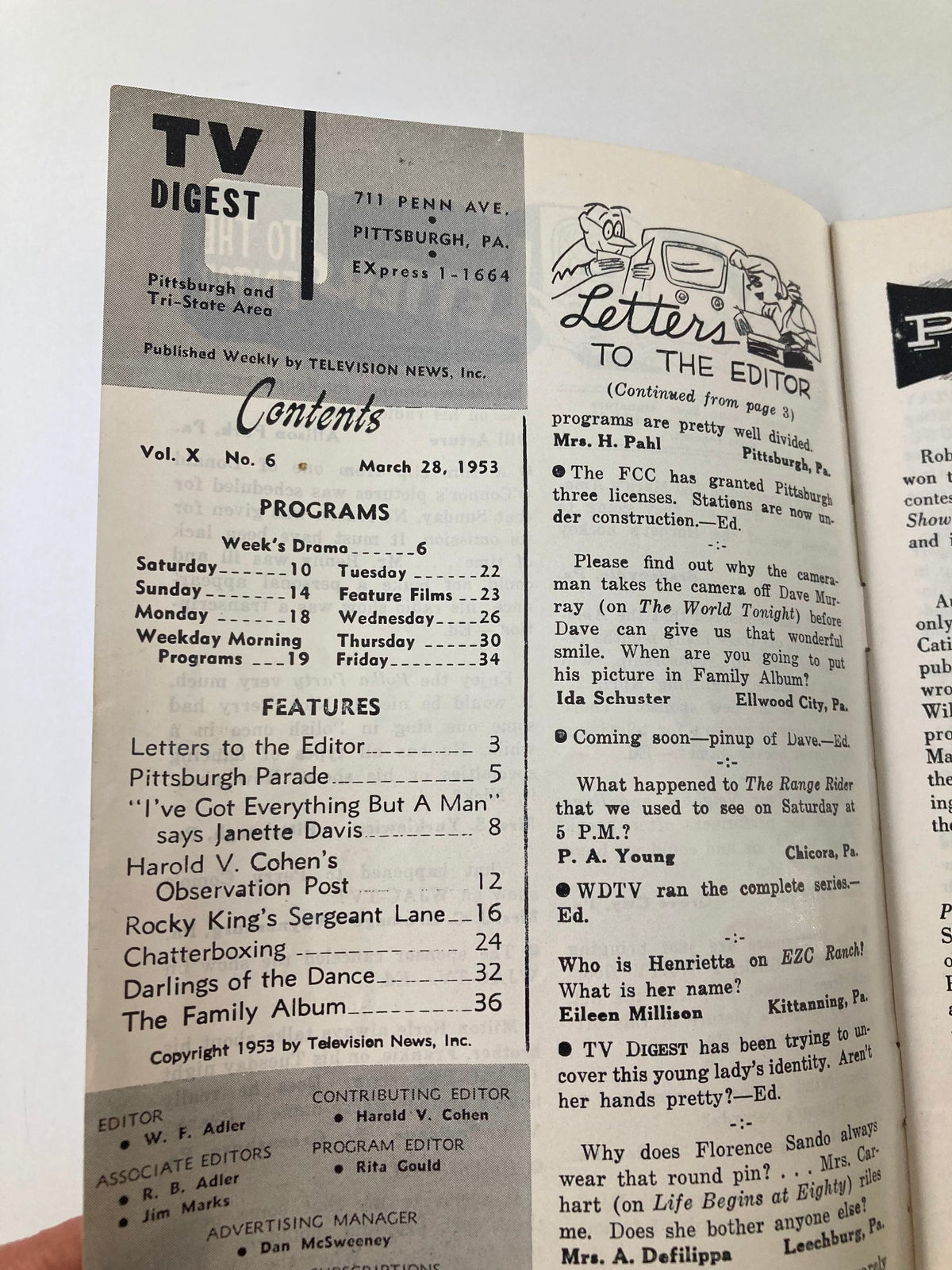 Contents page from TV Digest Magazine March 28 1953, detailing programs and features including letters to the editor.