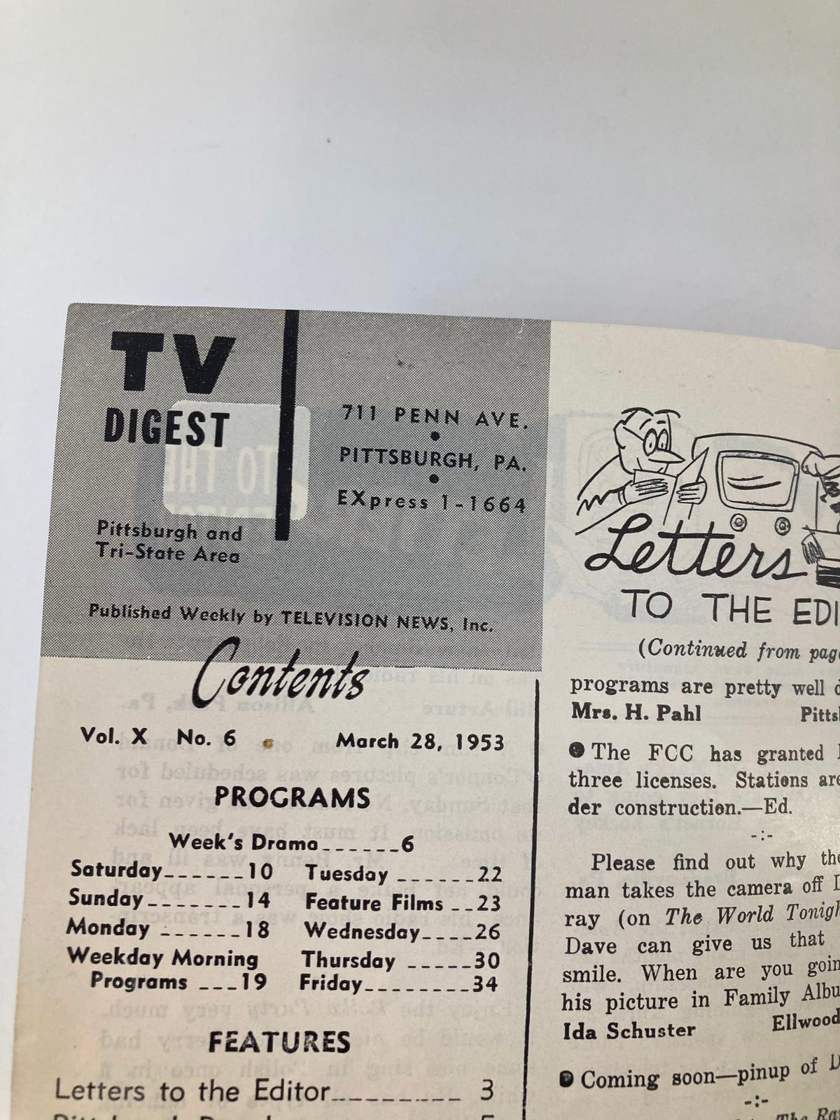 Another view of the contents page from TV Digest Magazine March 28 1953, listing program schedules and features from the Pittsburgh area.