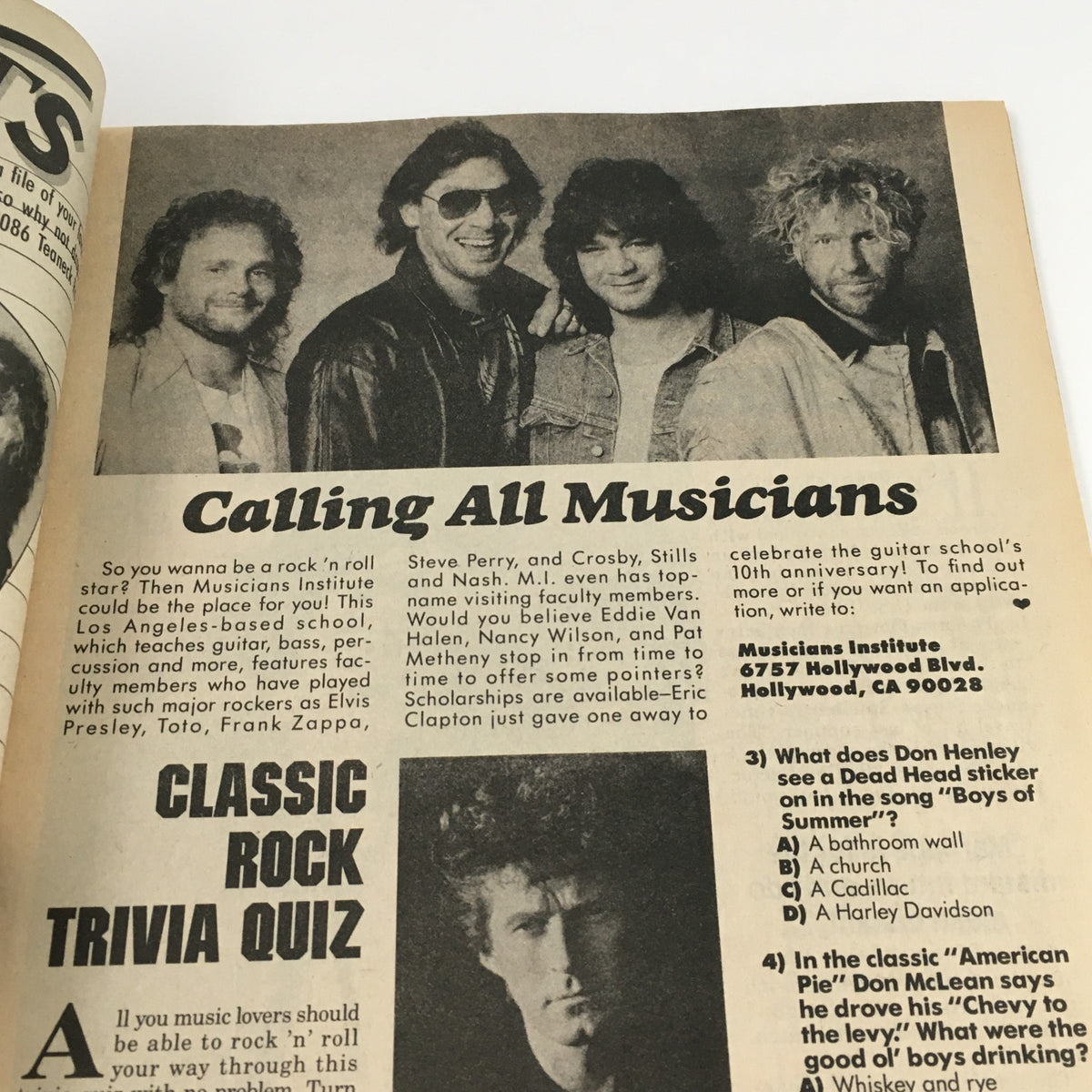 Article in Tigers Beat Magazine October 1986 titled 'Calling All Musicians' showcasing famous rock artists and a music school.