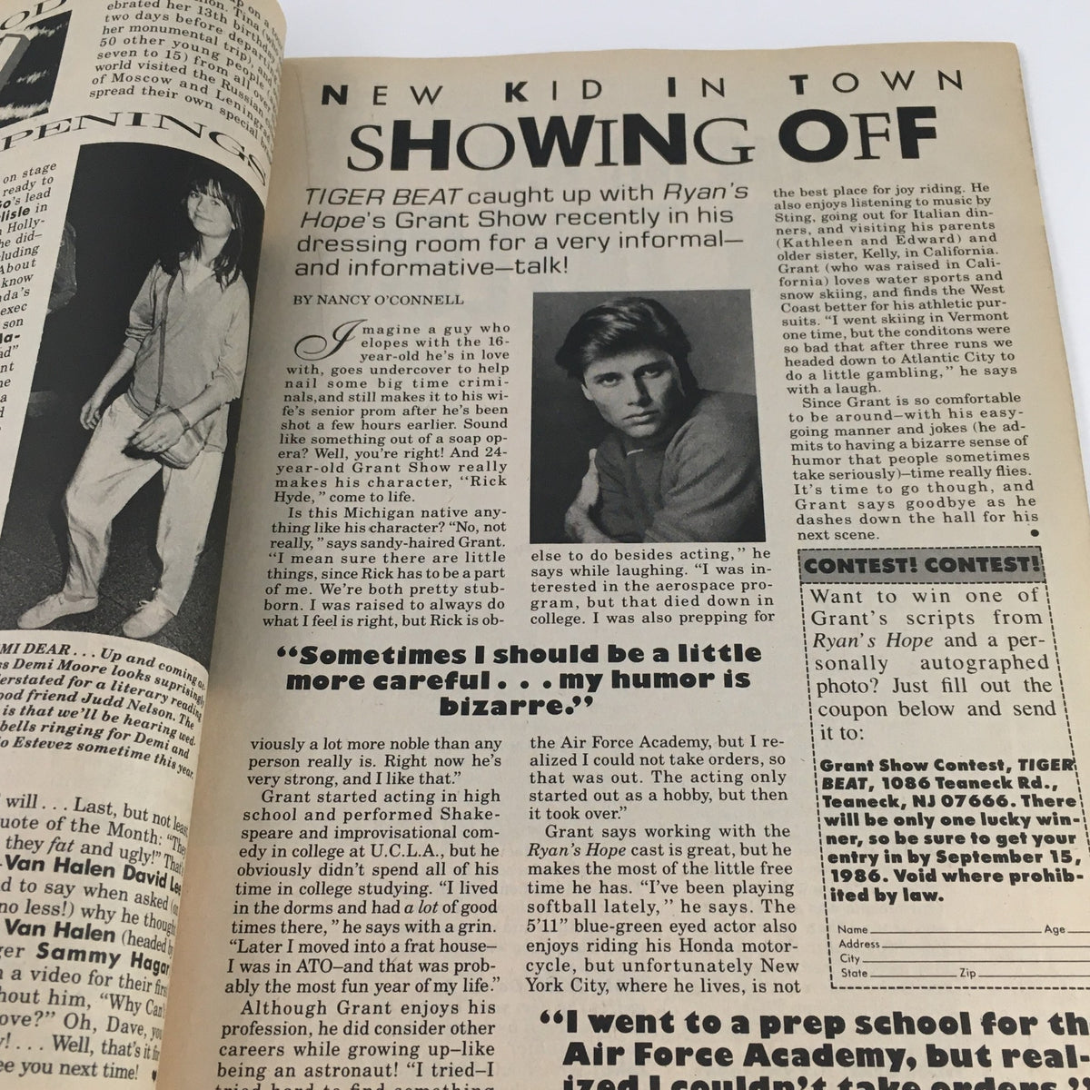 Article titled 'New Kid in Town' from Tigers Beat Magazine October 1986 featuring a young actor's interview.